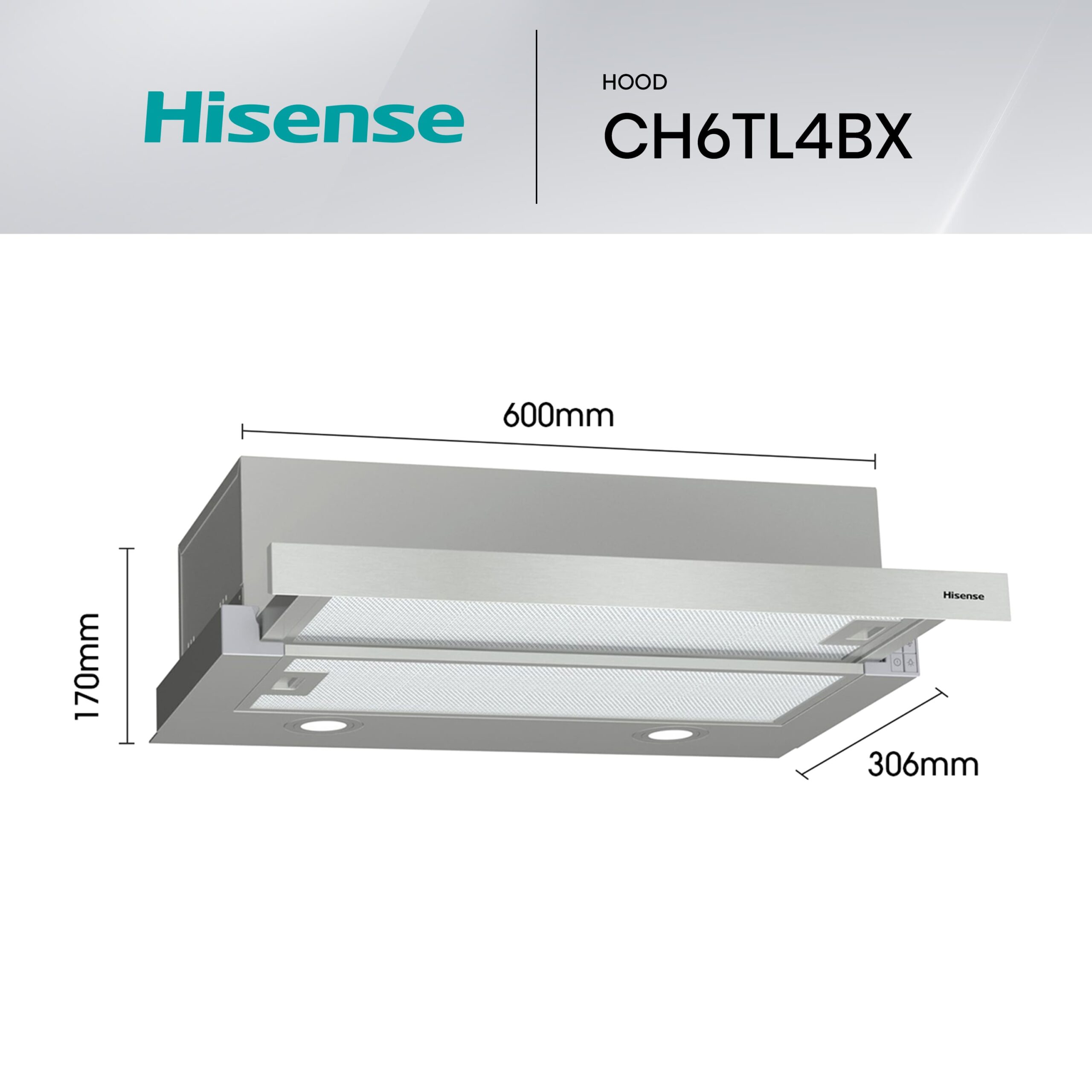 Hisense - CH6TL4BX – Campana, Decorativa, 450M³/H, Clase: C, Inox