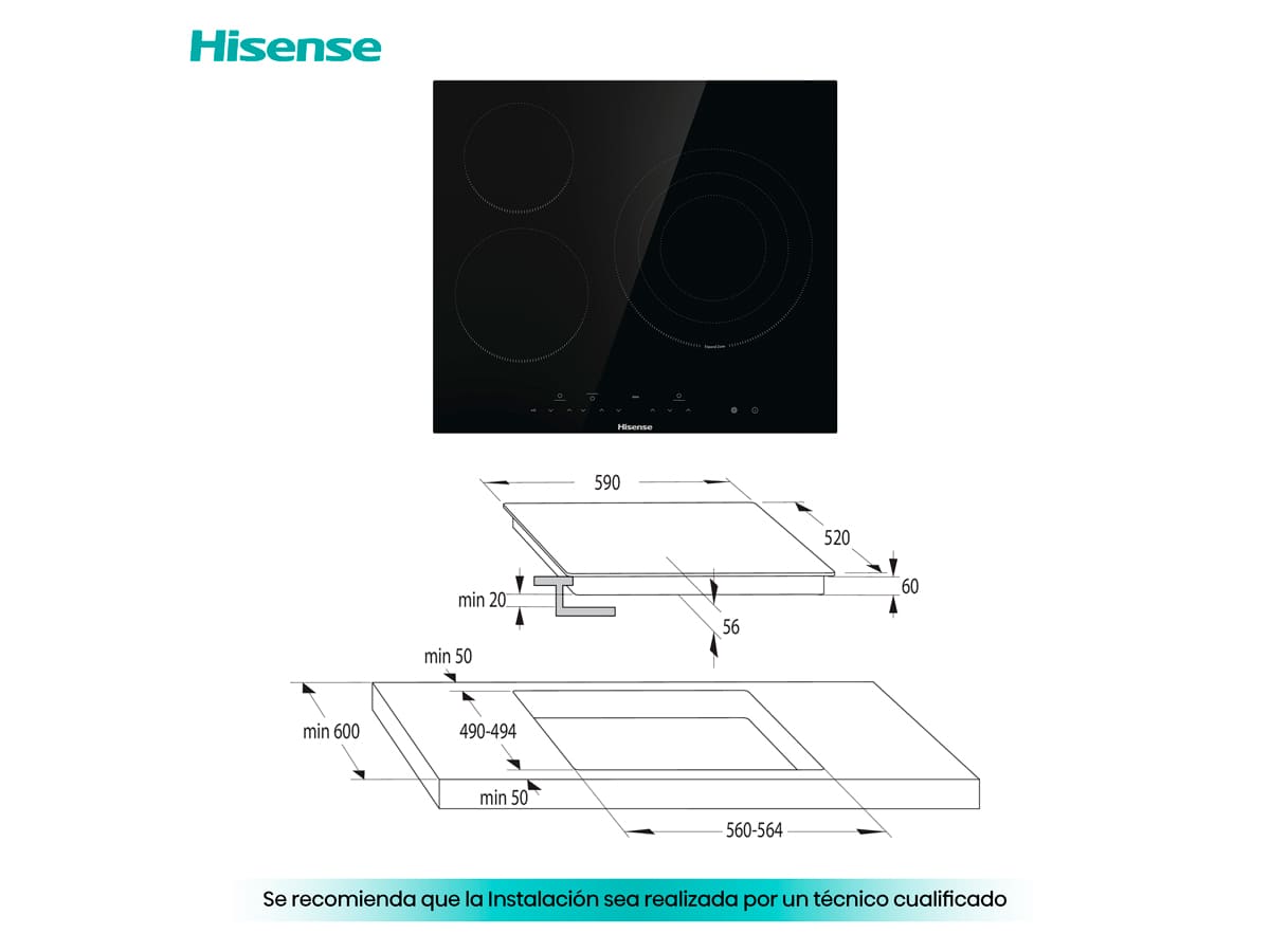 Hisense - E6322C – Placa, Vitroceramica, 3 Zonas, Negro