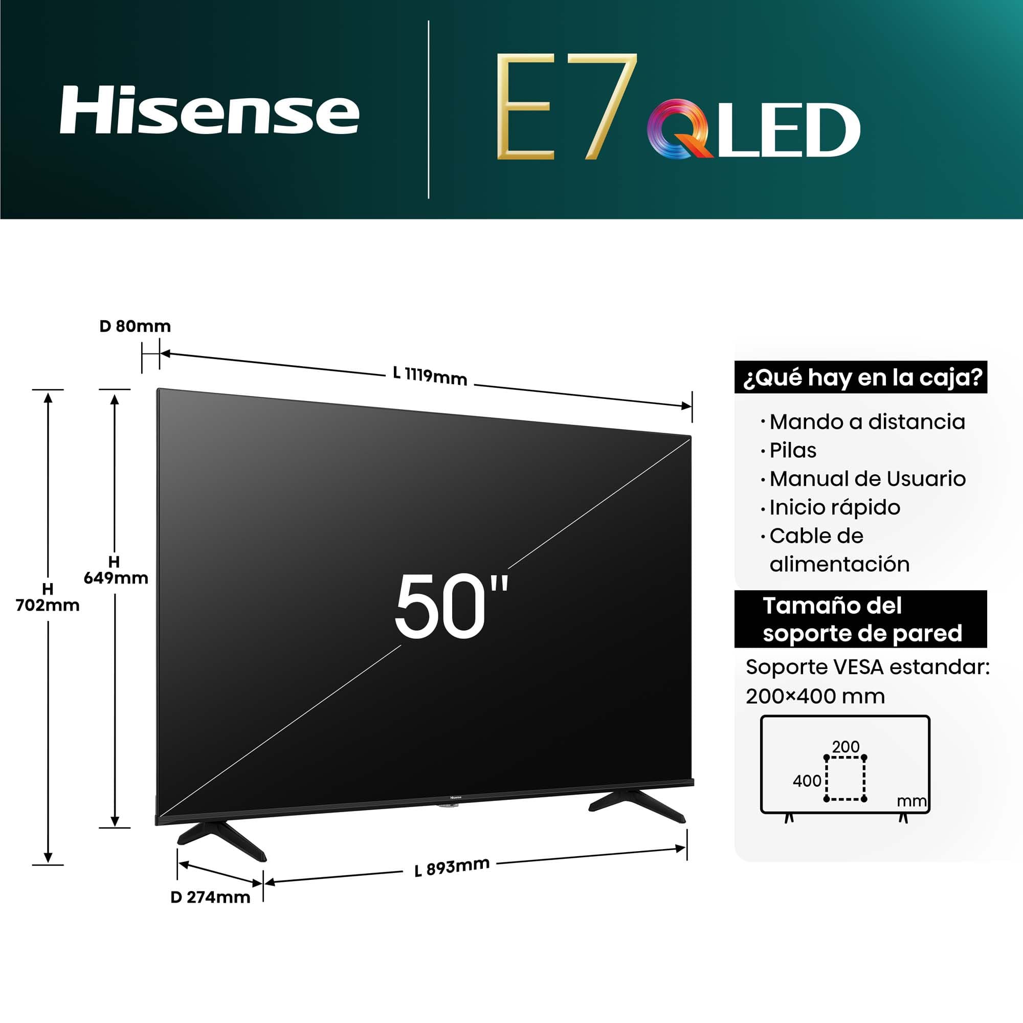 Hisense - Serie E7NQ QLED TV 50E7NQ Smart TV 50 pulgadas con Quantum Dot Colour