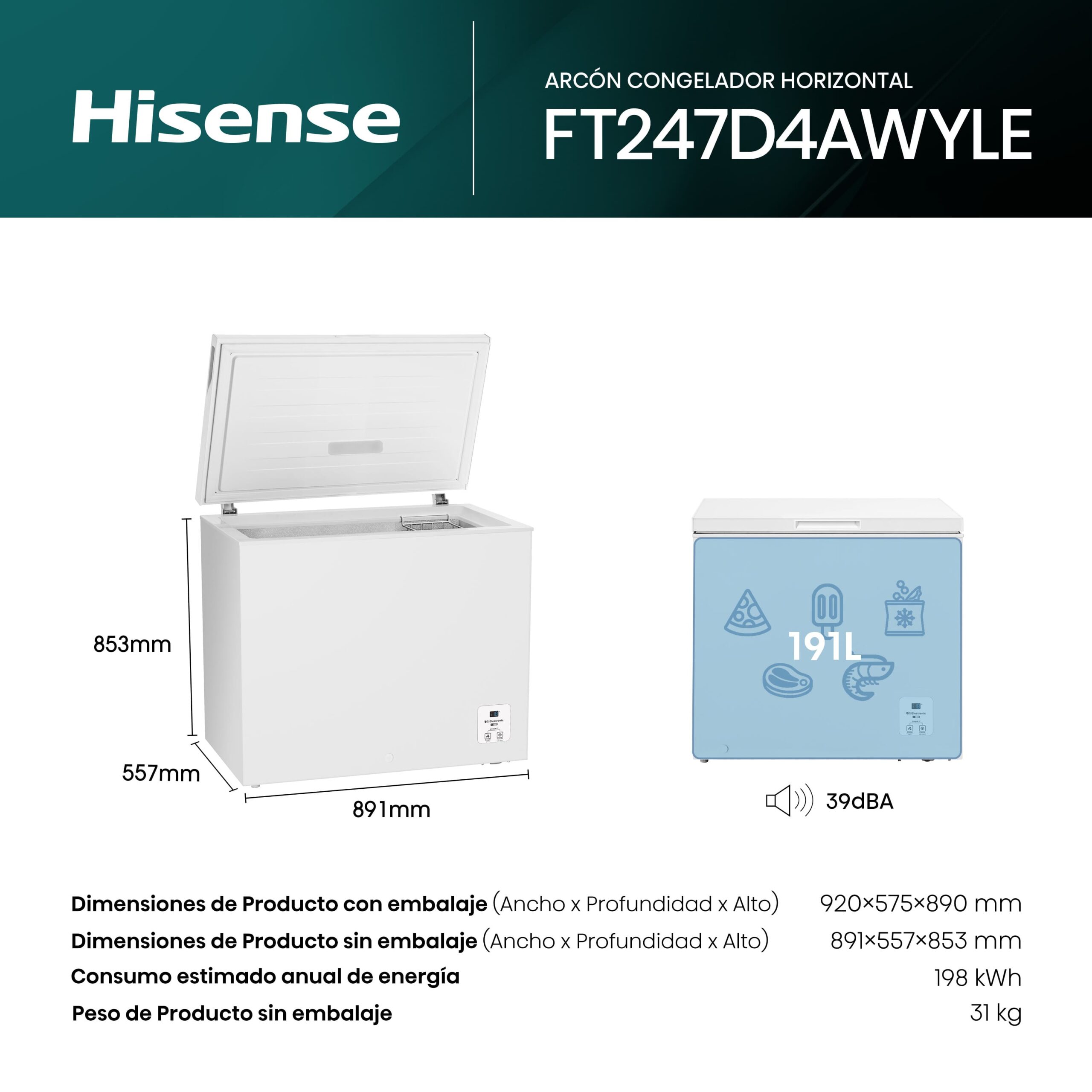 Hisense - FT247D4AWYLE – Arcón Congelador, Clase E, 191L, Blanco