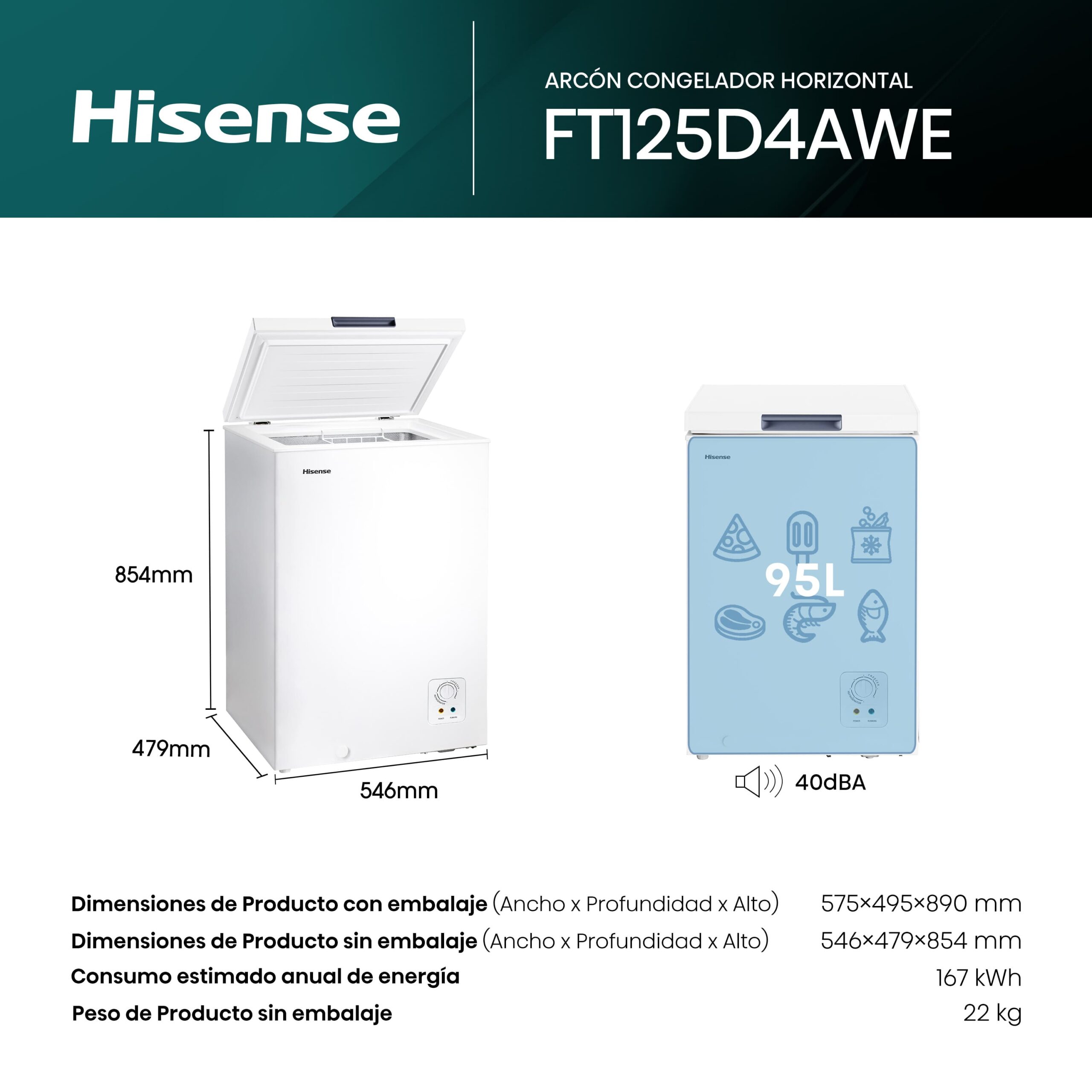 Hisense - FT125D4AWE – Arcón Congelador, Clase E, 95L, Blanco