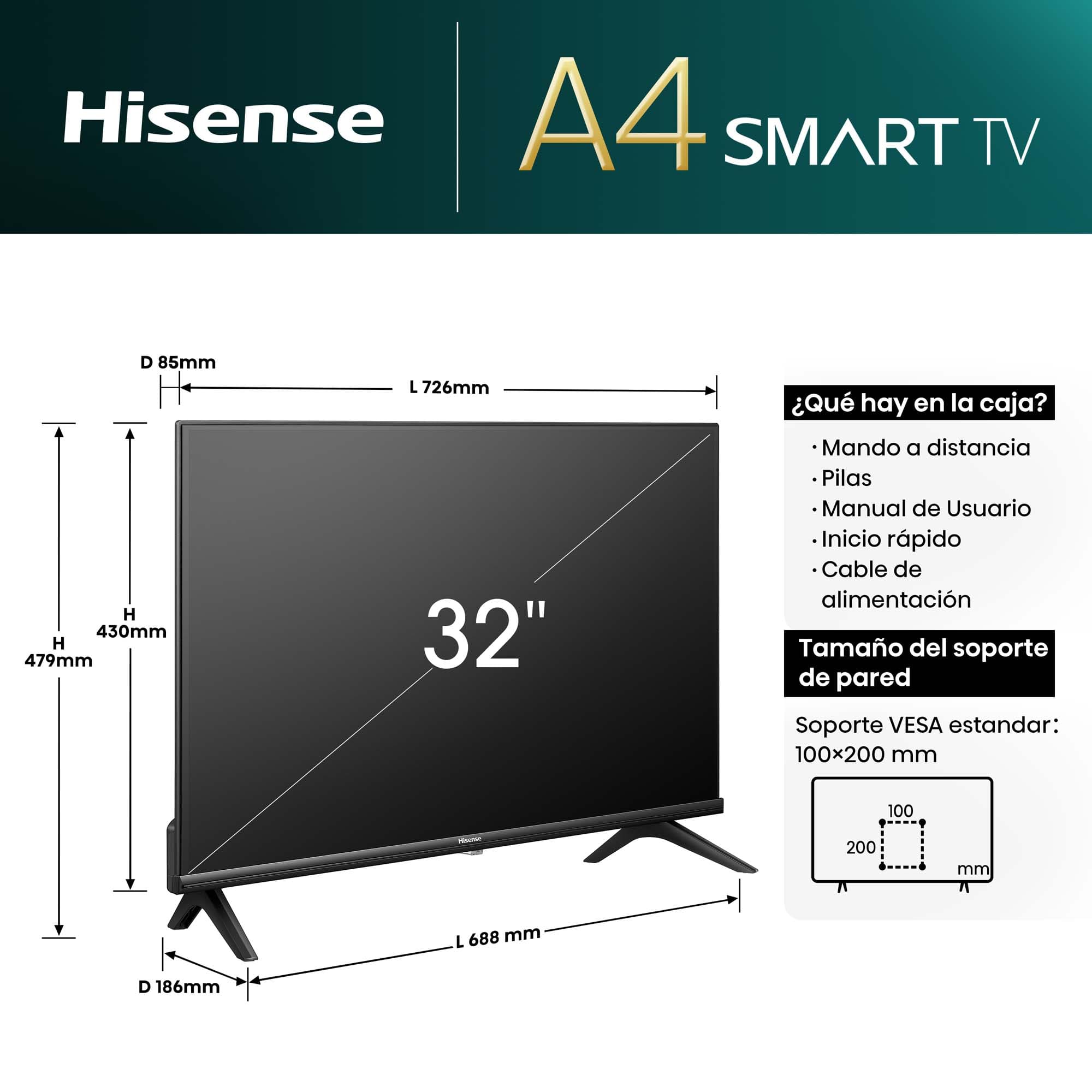 Hisense - Smart TV HD 32A4N 32 pulgadas, TV con Modo Juego