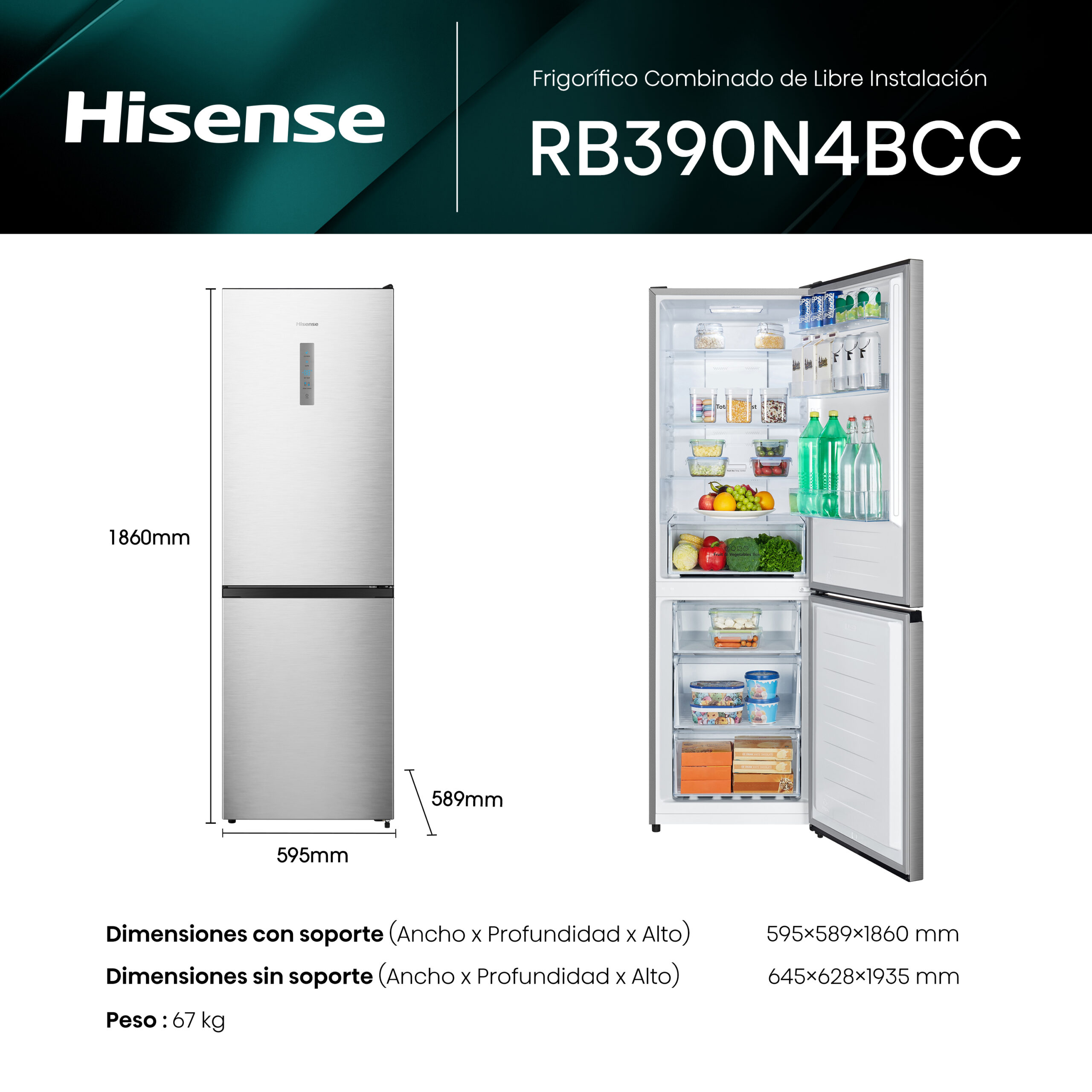Hisense - RB390N4BCC – Frigorífico Combi 2 Puertas, Clase C , 304L, Inox