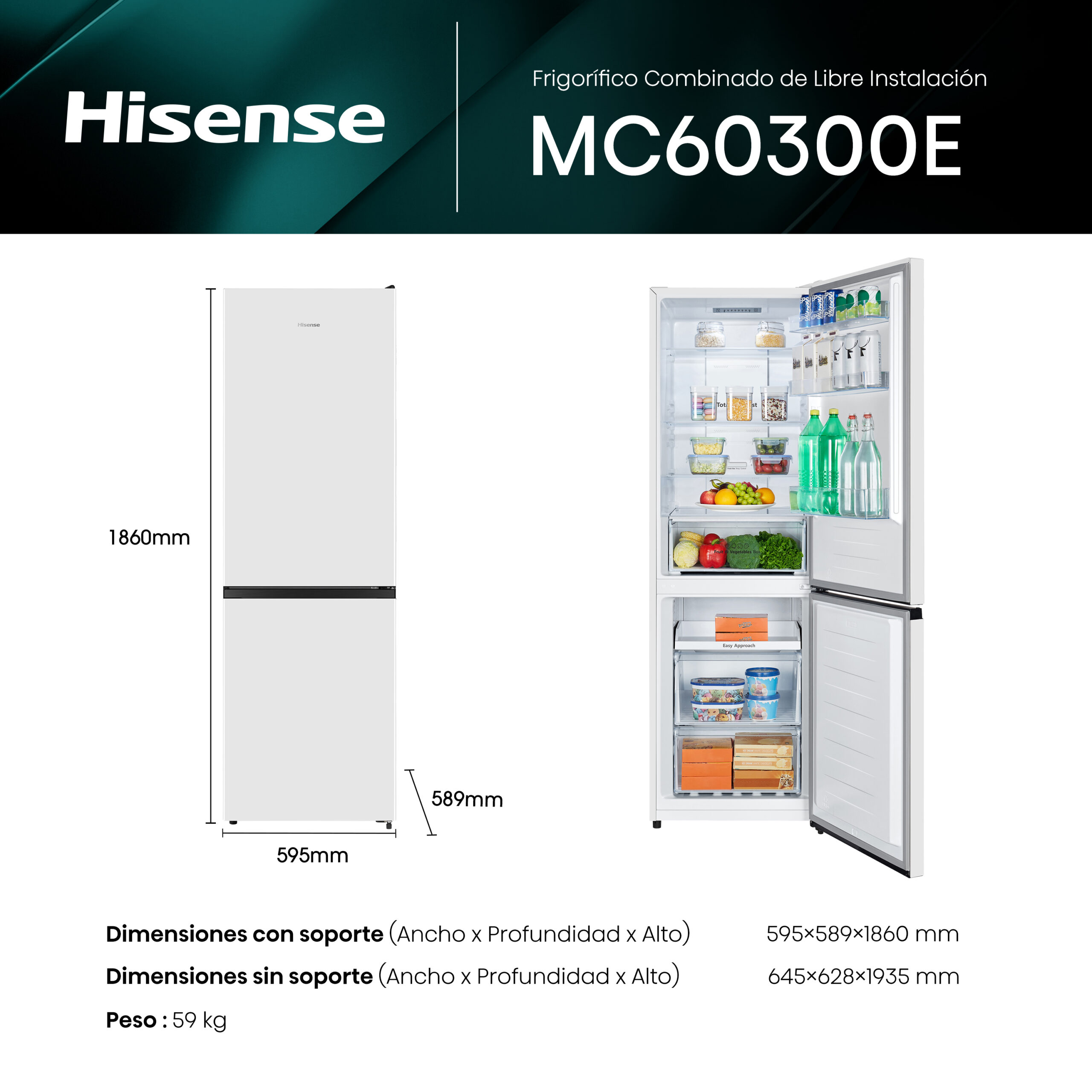 Hisense - MC60300E – Frigorífico Combi 2 Puertas, Clase E , 304L, Blanco