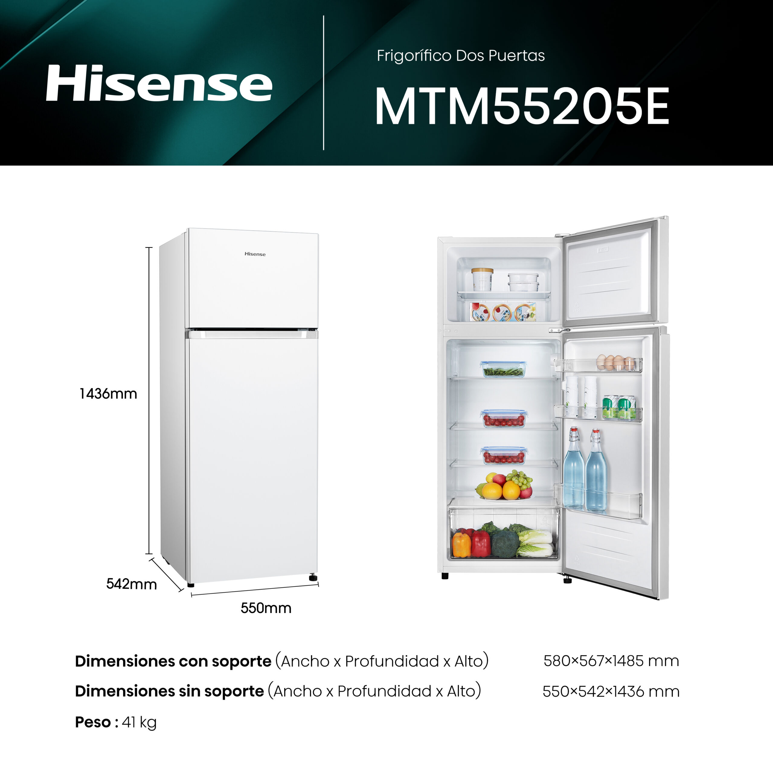 Hisense - MTM55205E – Frigorífico 2 Puertas, Clase E, 206L, Blanco