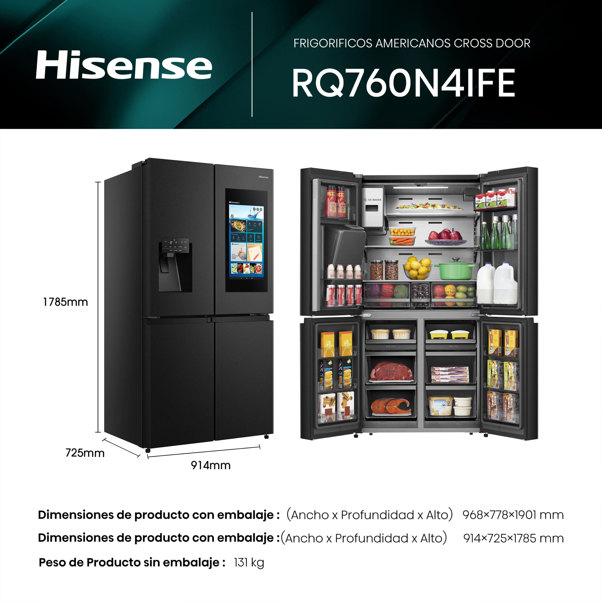 Hisense - RQ760N4IFE – Frigorífico Americano 4 Puertas Inteligente, Clase E, 577L, Negro