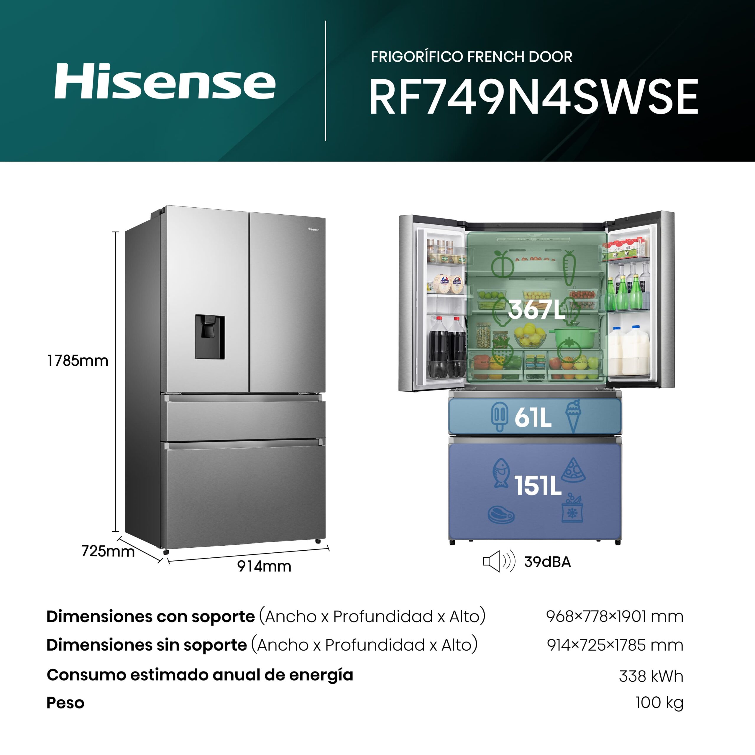 Hisense - RF749N4SWSE – Frigorífico Americano Cajón Frances, Clase E, 579L, Inox