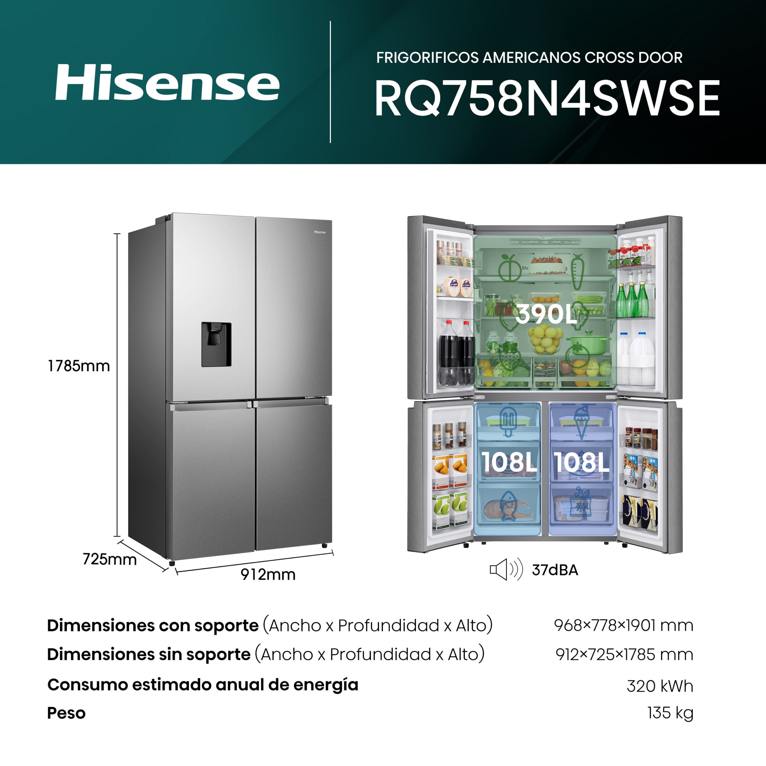 Hisense - RQ758N4SWSE – Frigorífico Americano 4 Puertas, Clase E, 606L, Inox