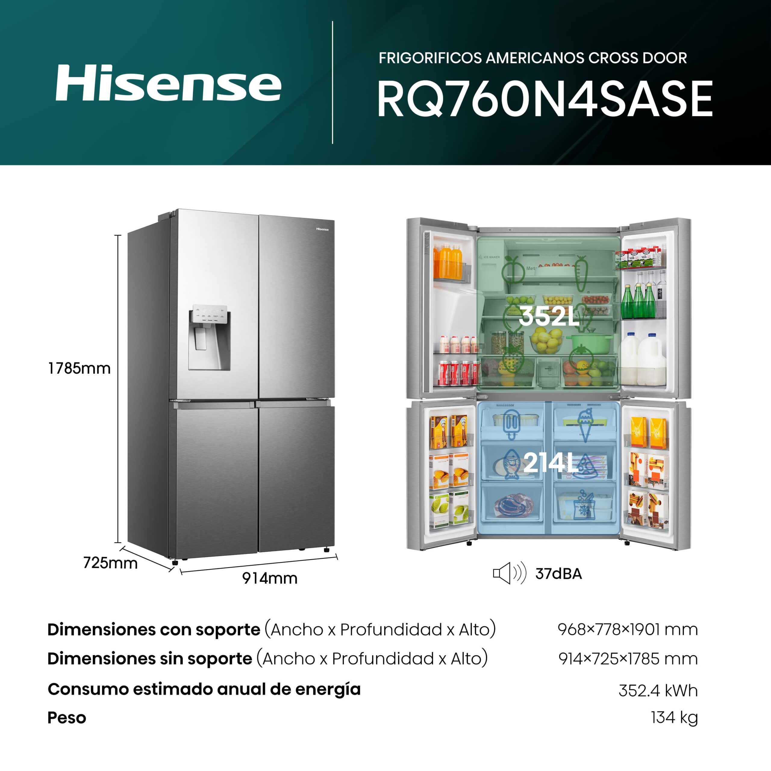 Hisense - RQ760N4SASE – Frigorifíco Americano 4 Puertas, Clase E, 584L