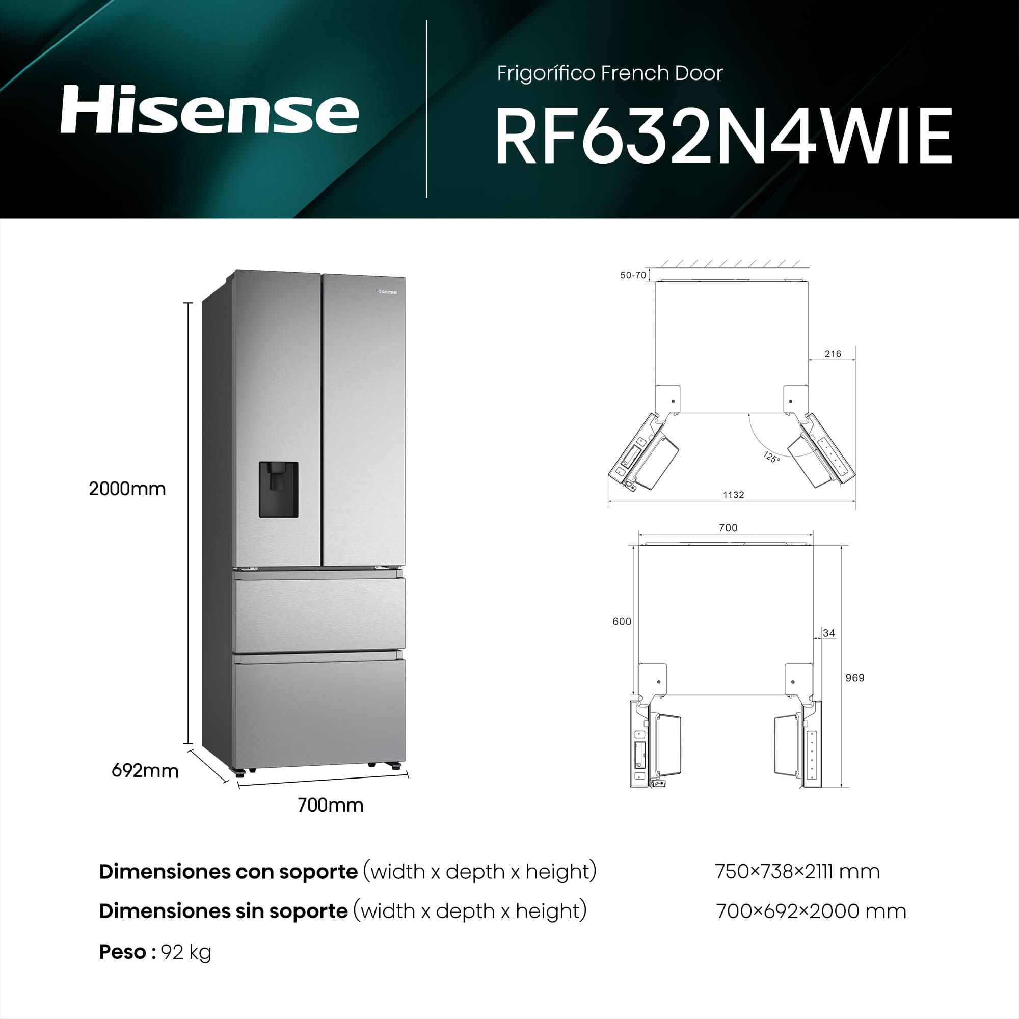 Hisense - RF632N4WIE – Frigorífico Combi Cajón Frances, Clase E , 485L, Inox