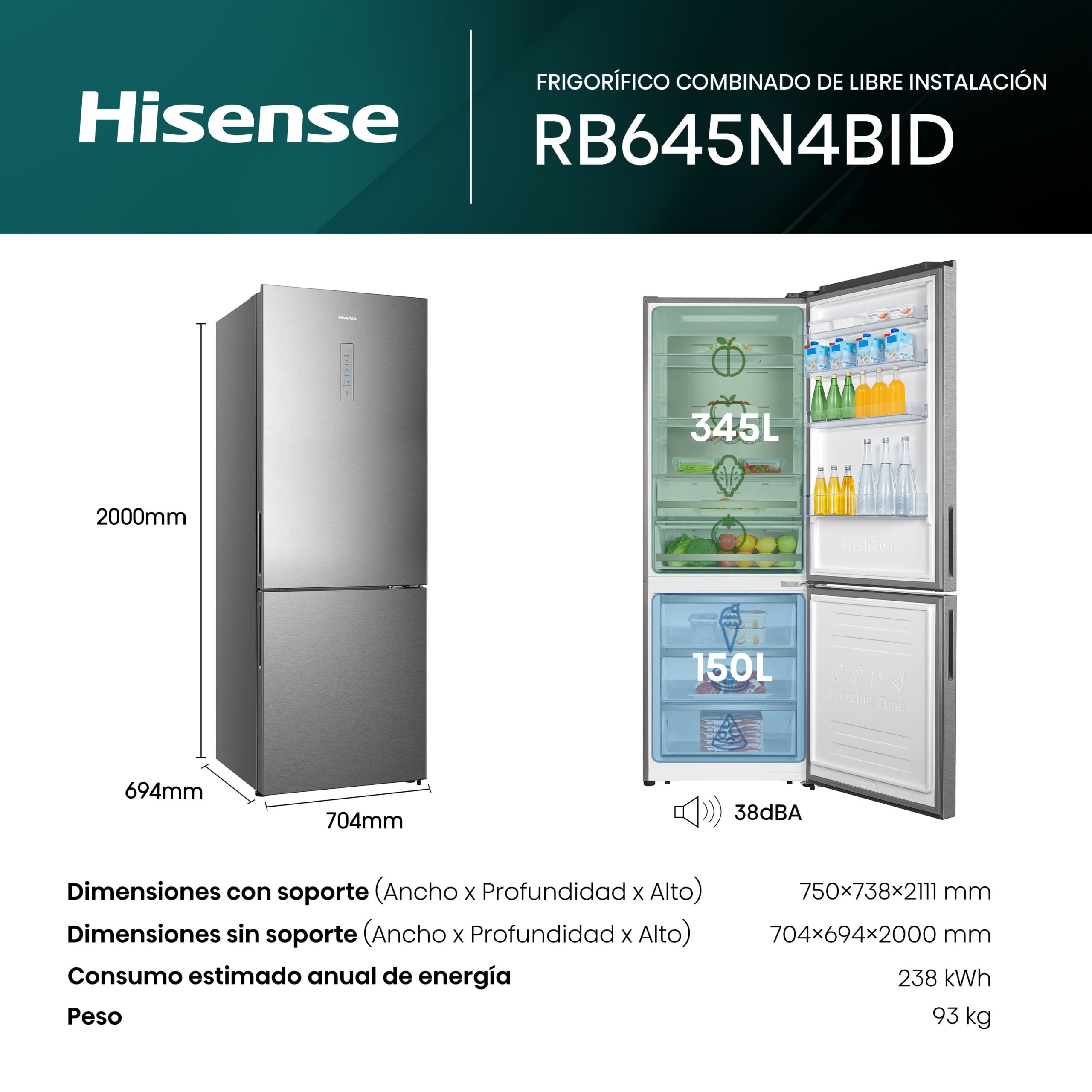 Hisense - RB645N4BID – Frigorífico Combi 2 Puertas, Clase D , 495L, Inox