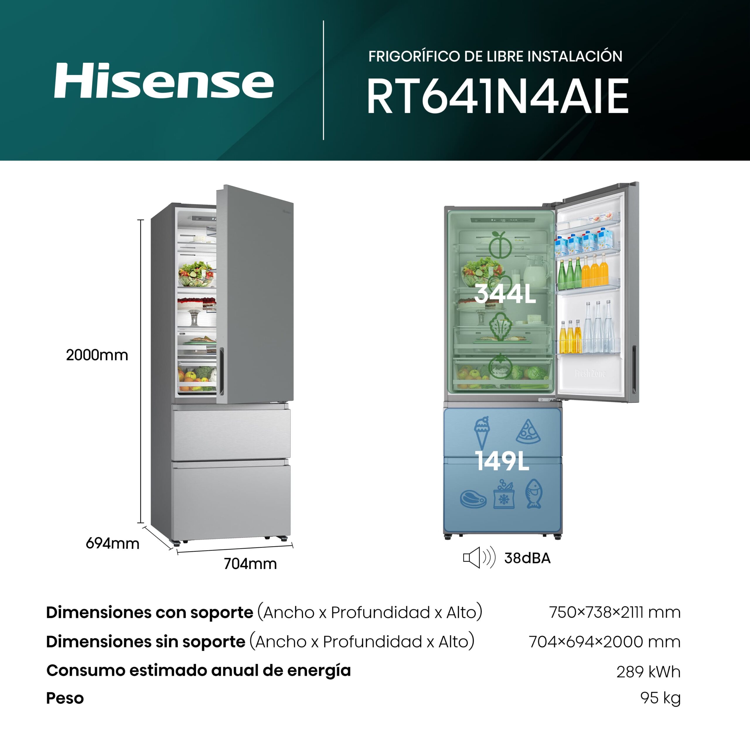 Hisense - RT641N4AIE – Frigorífico Combi 3 Puertas, Clase E , 493L, Inox