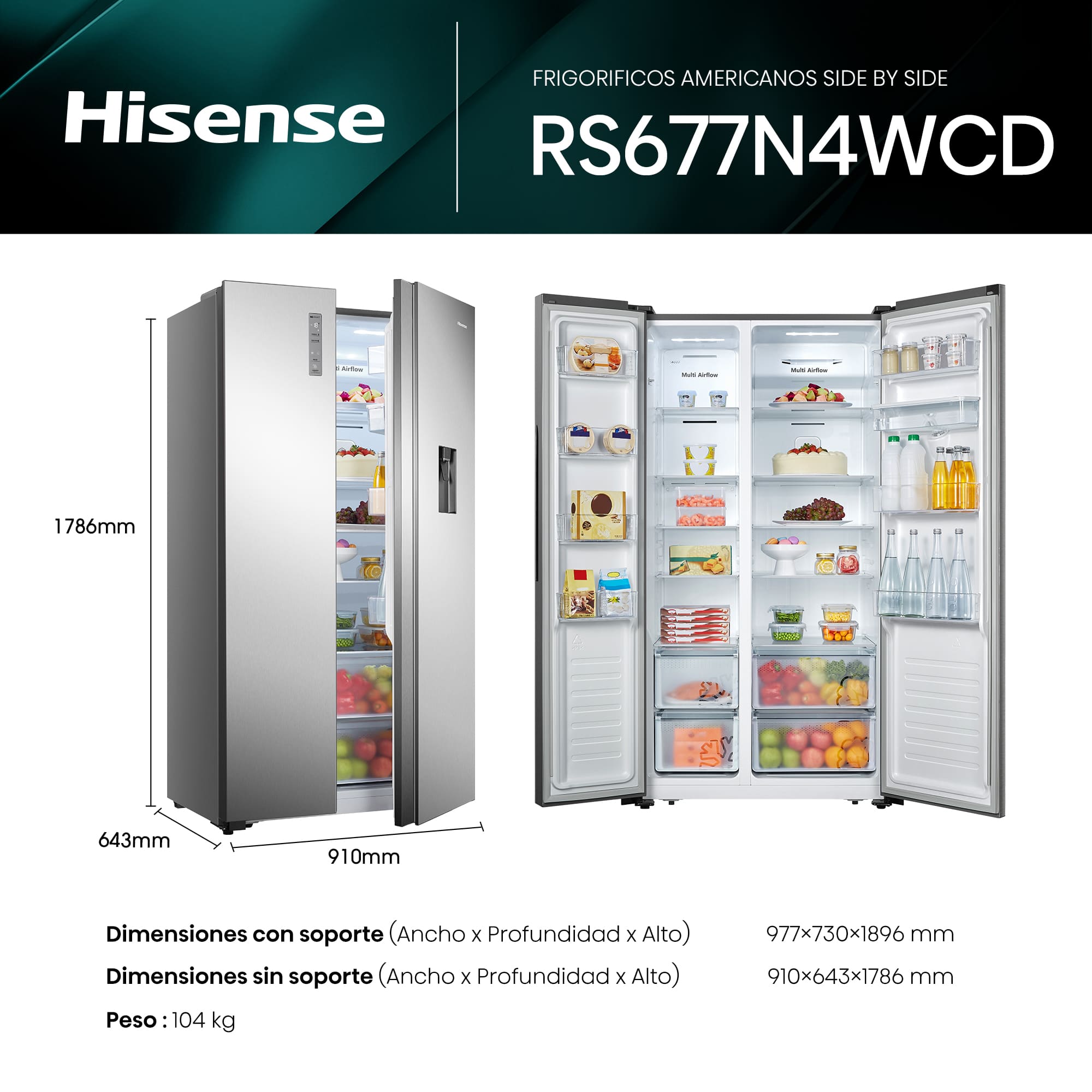 Hisense - RS677N4WCD – Frigorífico Americano Side By Side, Clase D , 519L, Inox