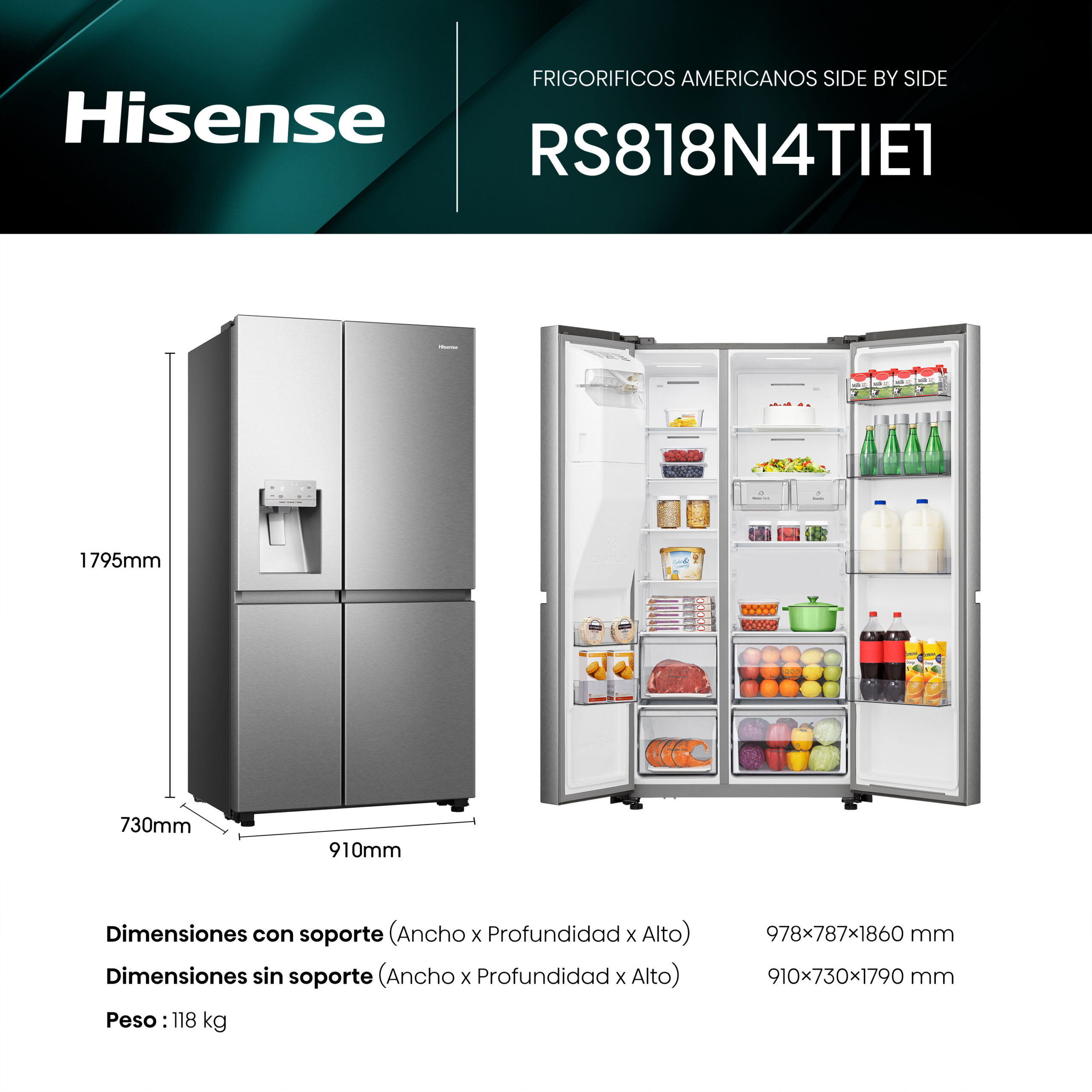 Hisense - RS818N4TIE1 – Frigorífico Americano Side By Side, Clase E , 632L, Inox
