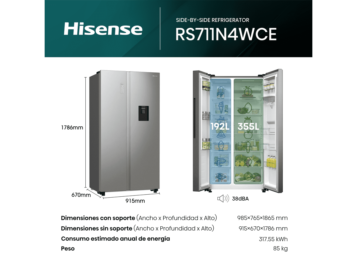 Hisense - RS711N4WCE – Frigorífico Americano Side By Side, Clase E , 547L, Inox