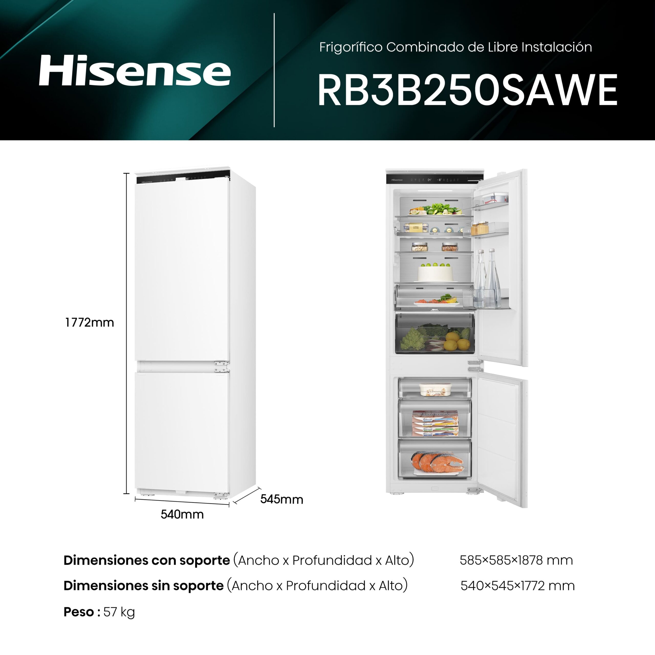 Hisense - RB3B250SAWE – Frigorífico Combi Integración, Puerta Fija, Clase E, 252L