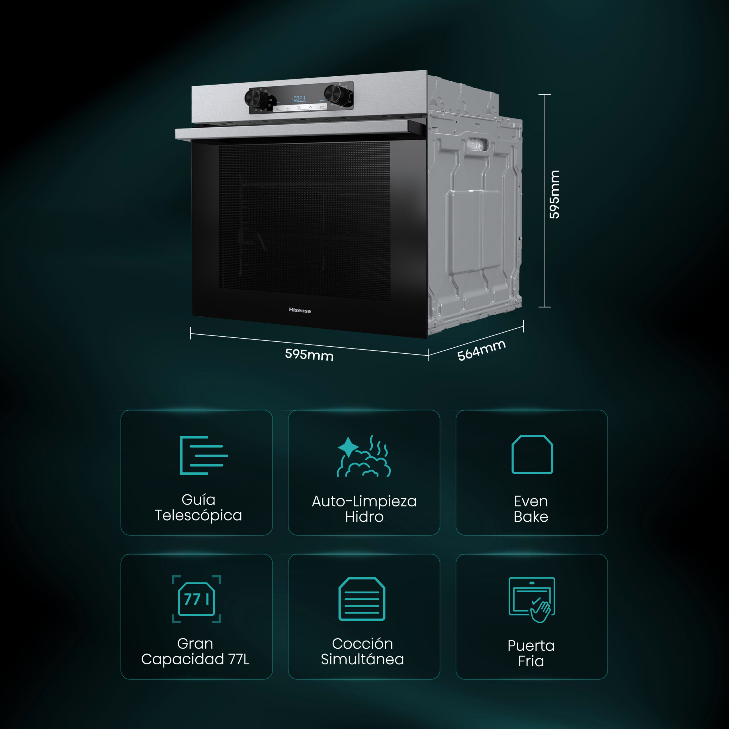 Hisense - BI62216AX – Horno Hidrolítico, Clase A, 77L, Gris Inox