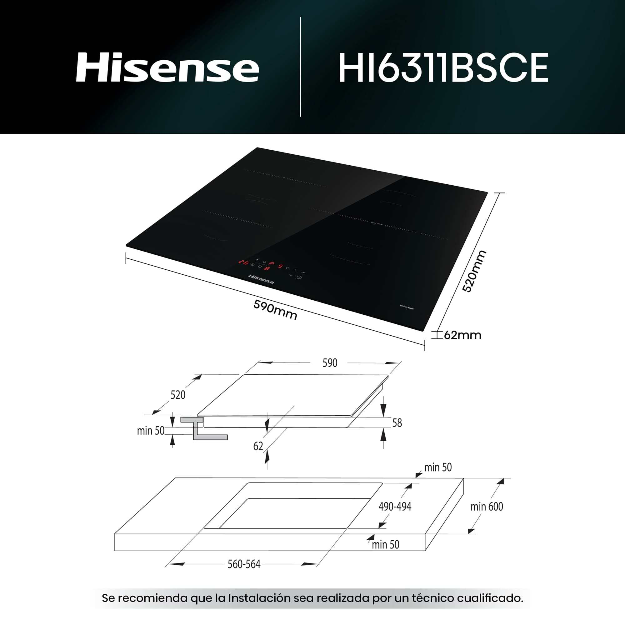 Hisense - HI6311BSCE – Placa, Inducción, 3 Zonas, Negro