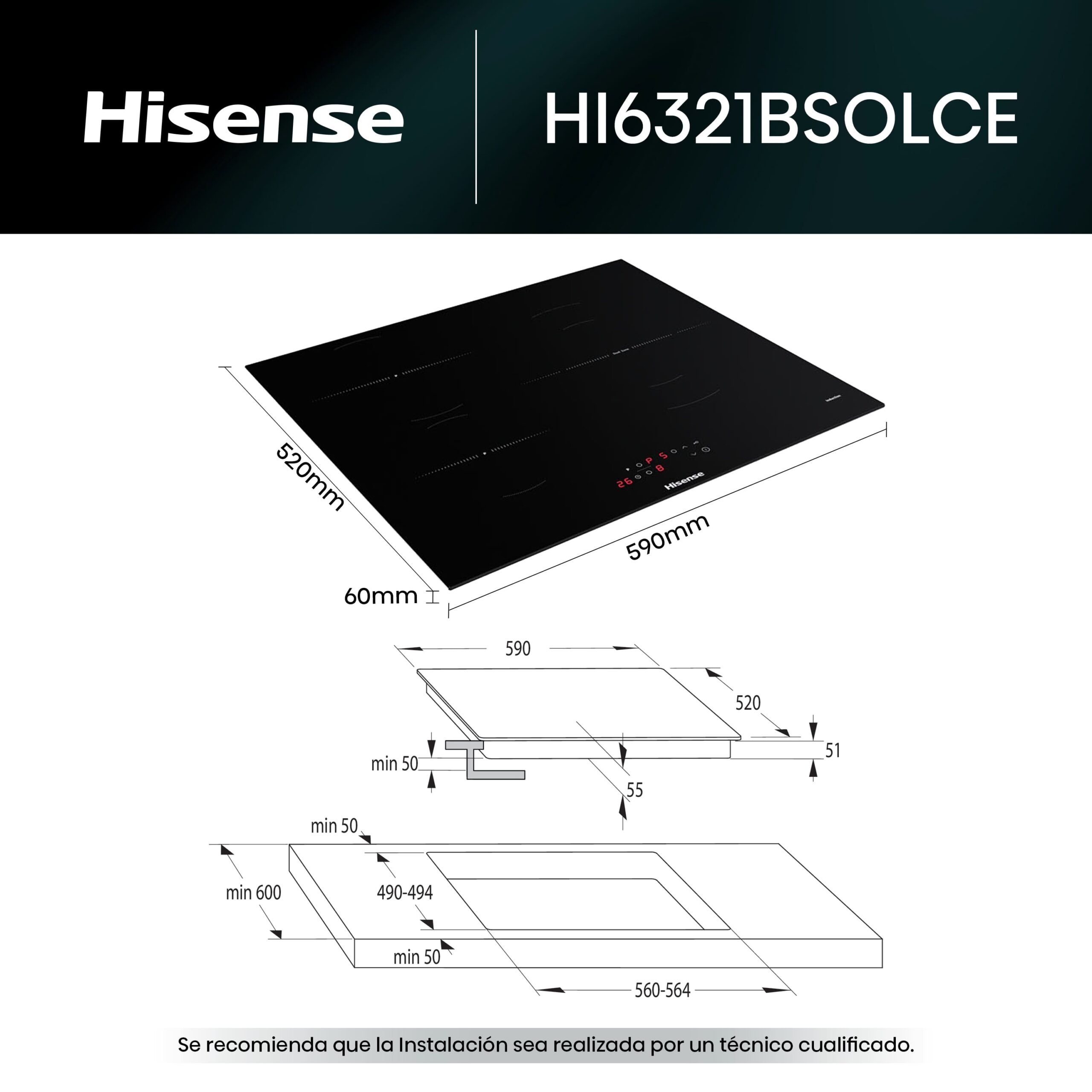 Hisense - HI6321BSOLCE – Placa, Inducción, 3 Zonas, Negro