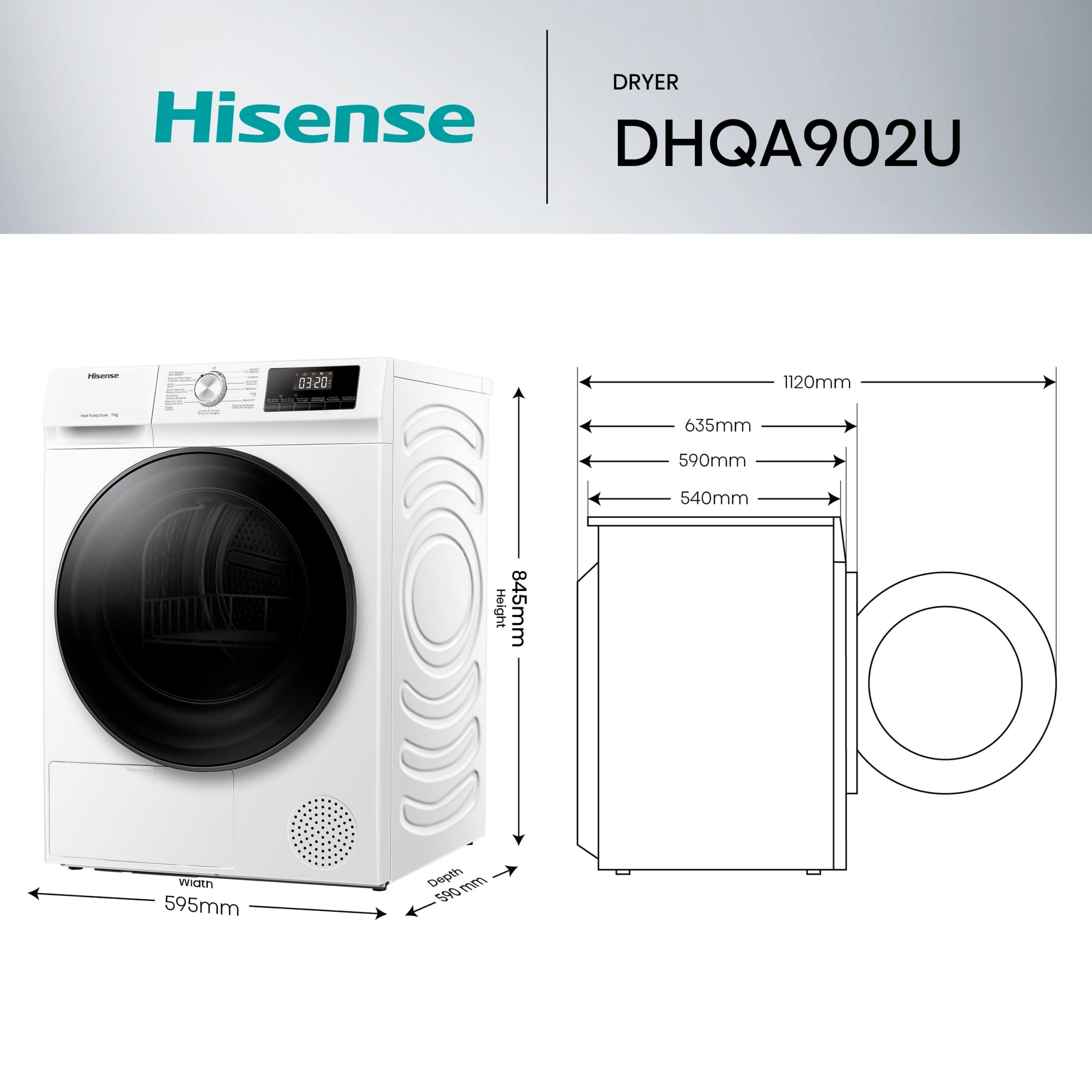 Hisense - DHQA902U – Secadora, Clase A++, 9 Kg, Blanco