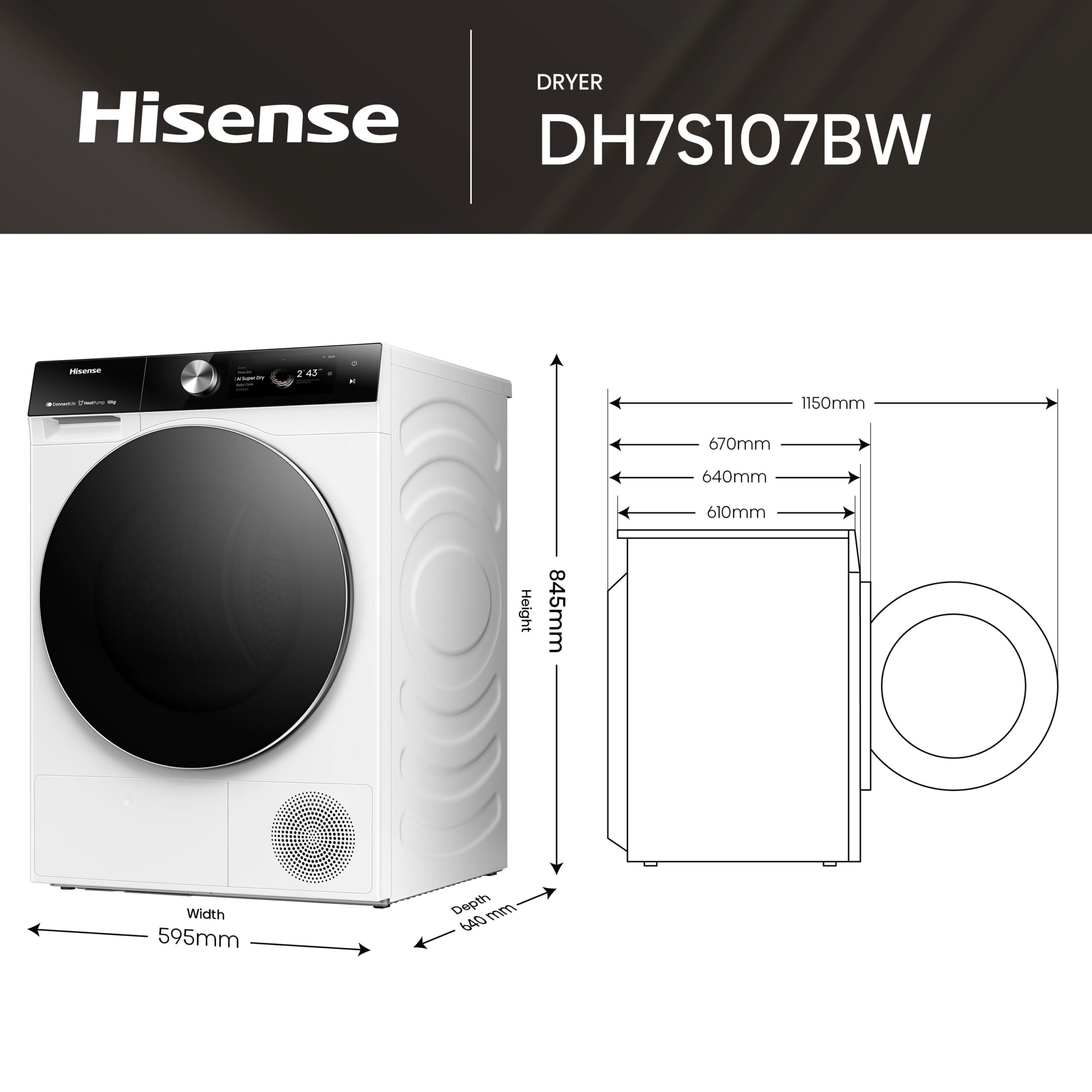 Hisense - DH7S107BW – Secadora inteligente, Clase A+++, 10 Kg, Blanco