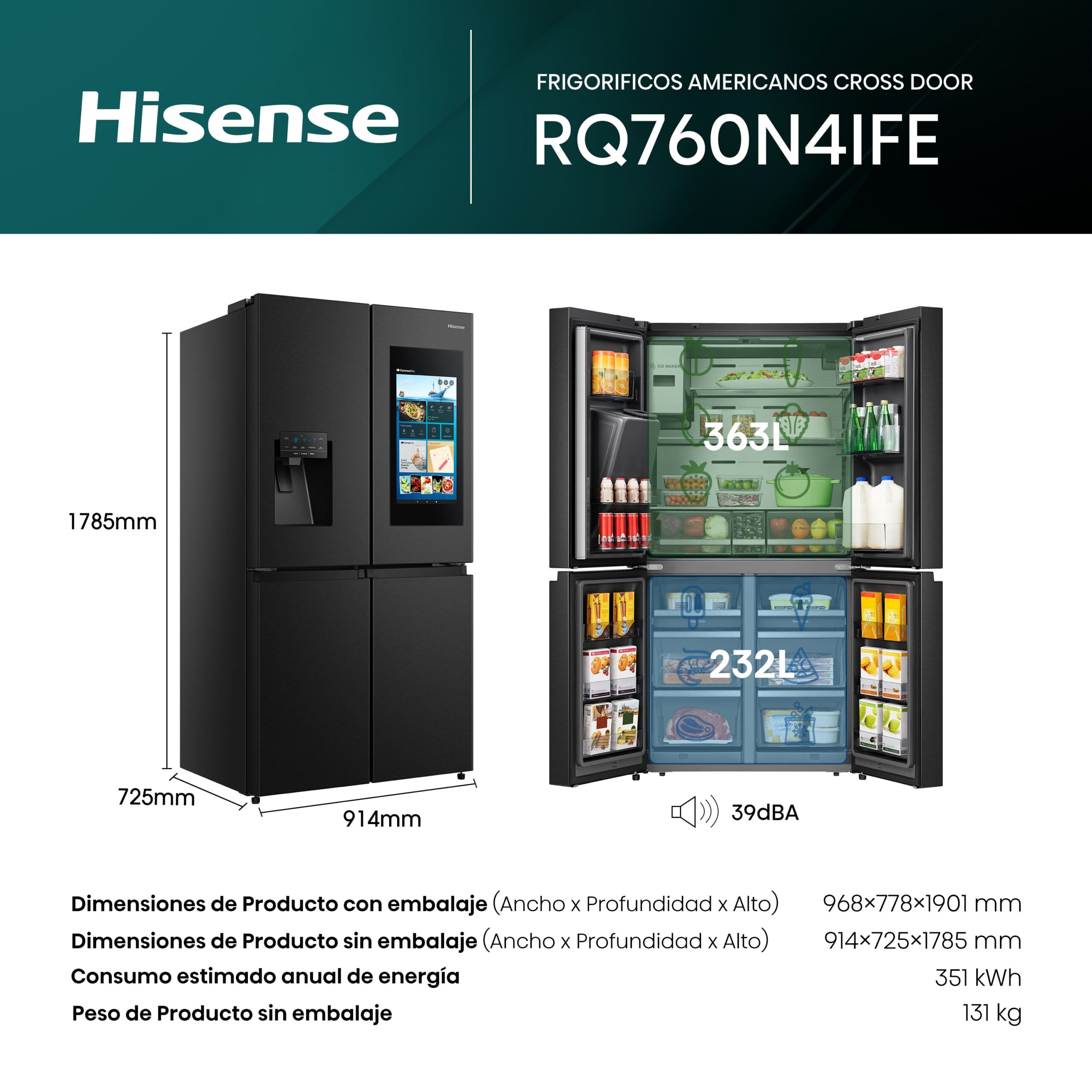 Hisense - RQ760N4IFE – Frigorífico Americano 4 Puertas Inteligente, Clase E, 577L, Negro