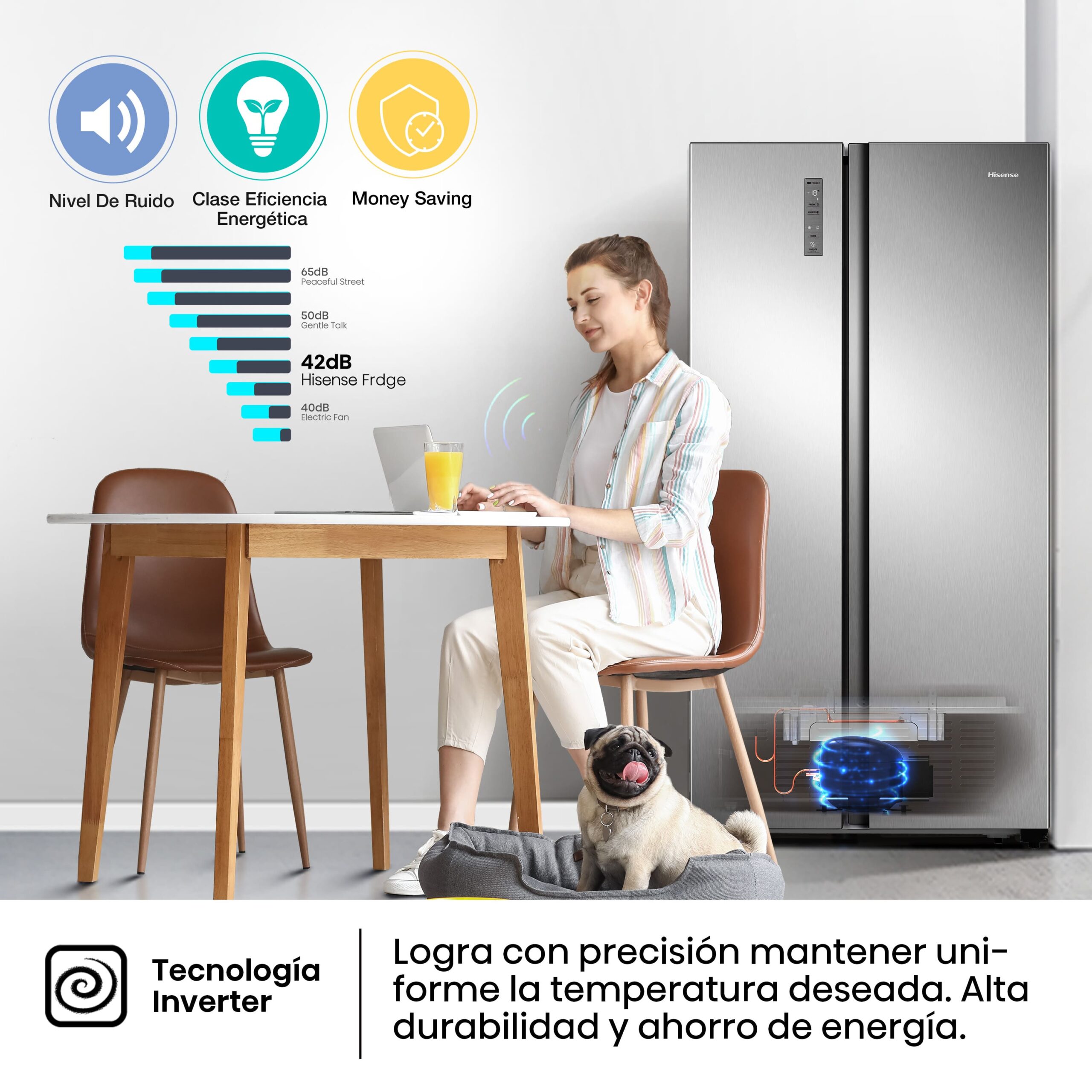 Hisense - RS677N4ACC – Frigorífico Americano Side By Side, Clase C , 519L, Inox