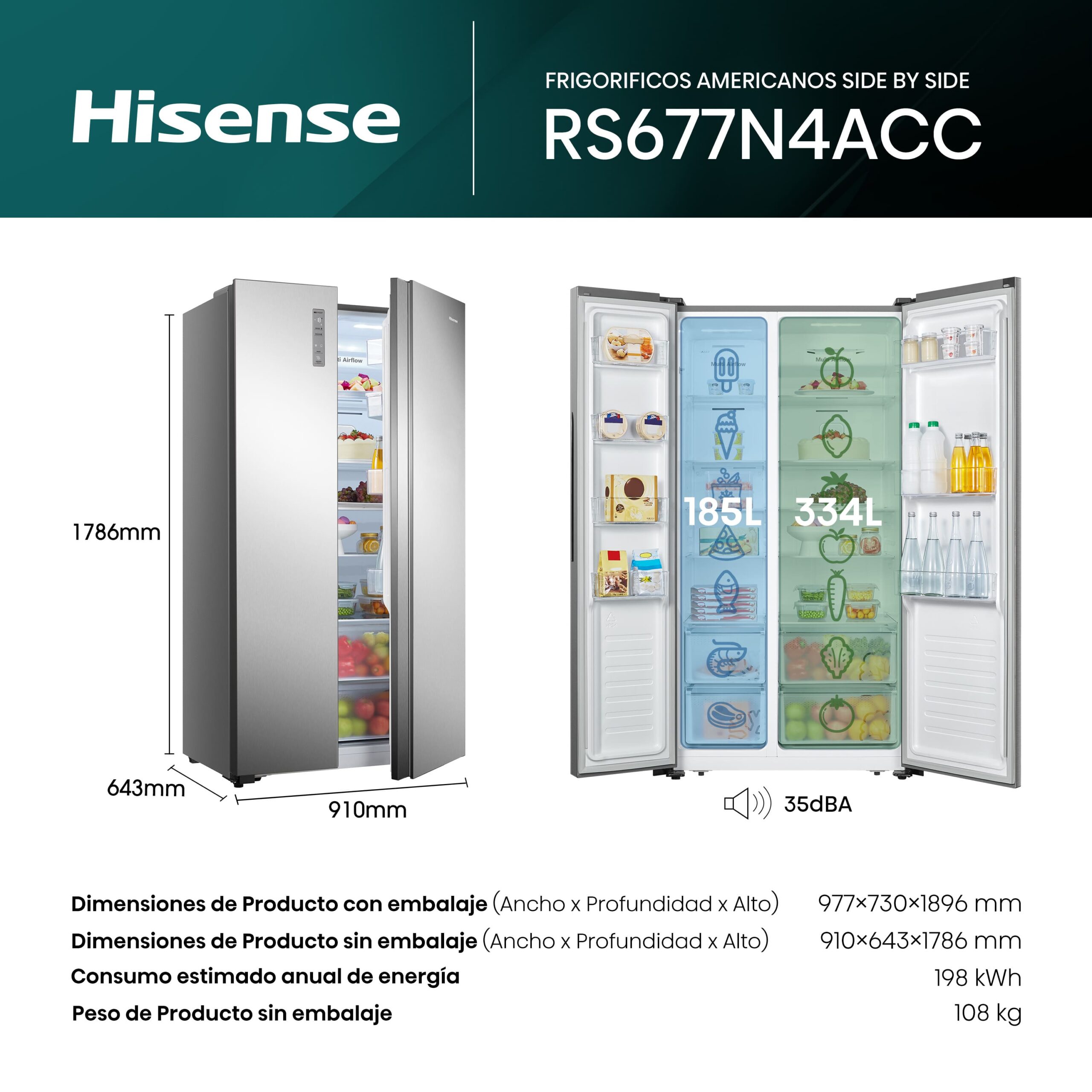 Hisense - RS677N4ACC – Frigorífico Americano Side By Side, Clase C , 519L, Inox