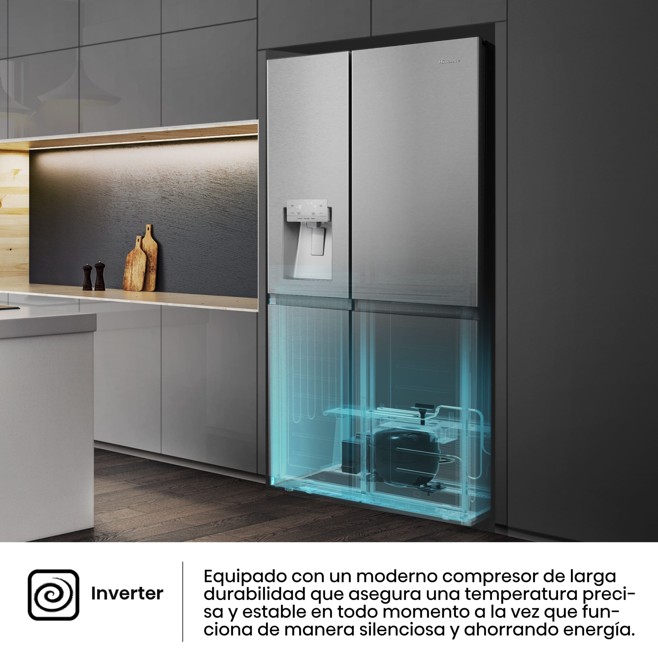 Hisense - RS818N4TIC – Frigorífico Americano Side By Side, Clase C, 632L, Inox