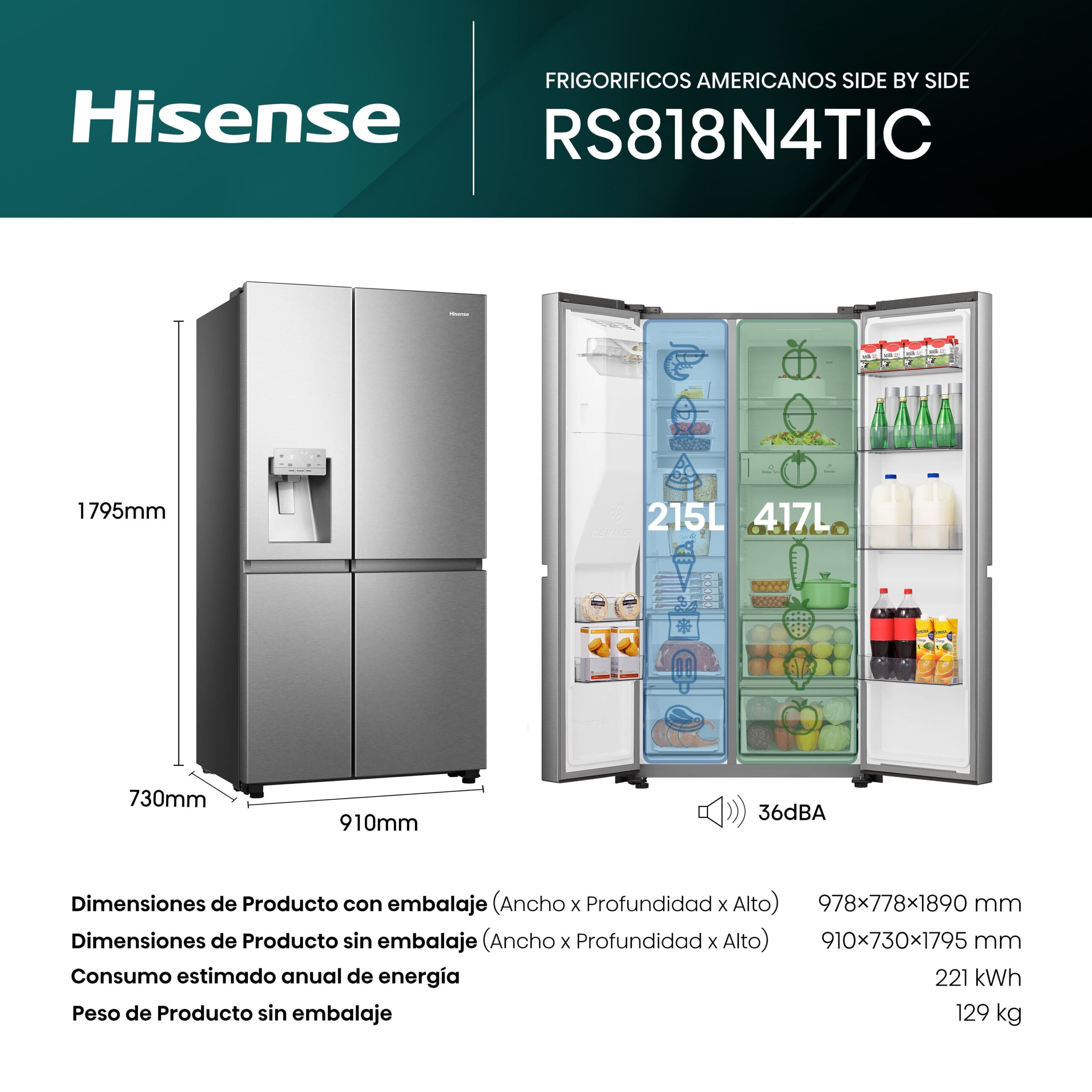 Hisense - RS818N4TIC – Frigorífico Americano Side By Side, Clase C, 632L, Inox