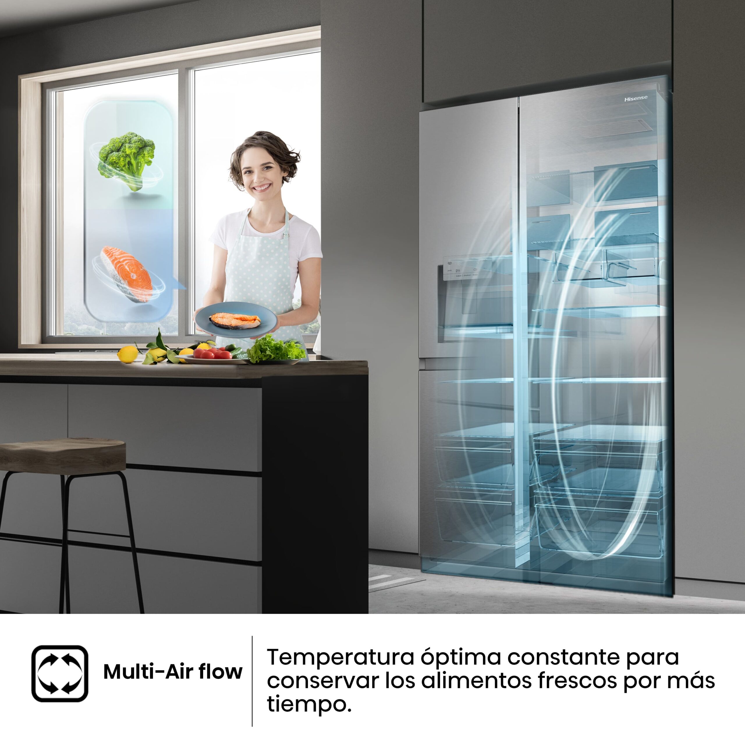 Hisense - RS818N4TIC – Frigorífico Americano Side By Side, Clase C, 632L, Inox