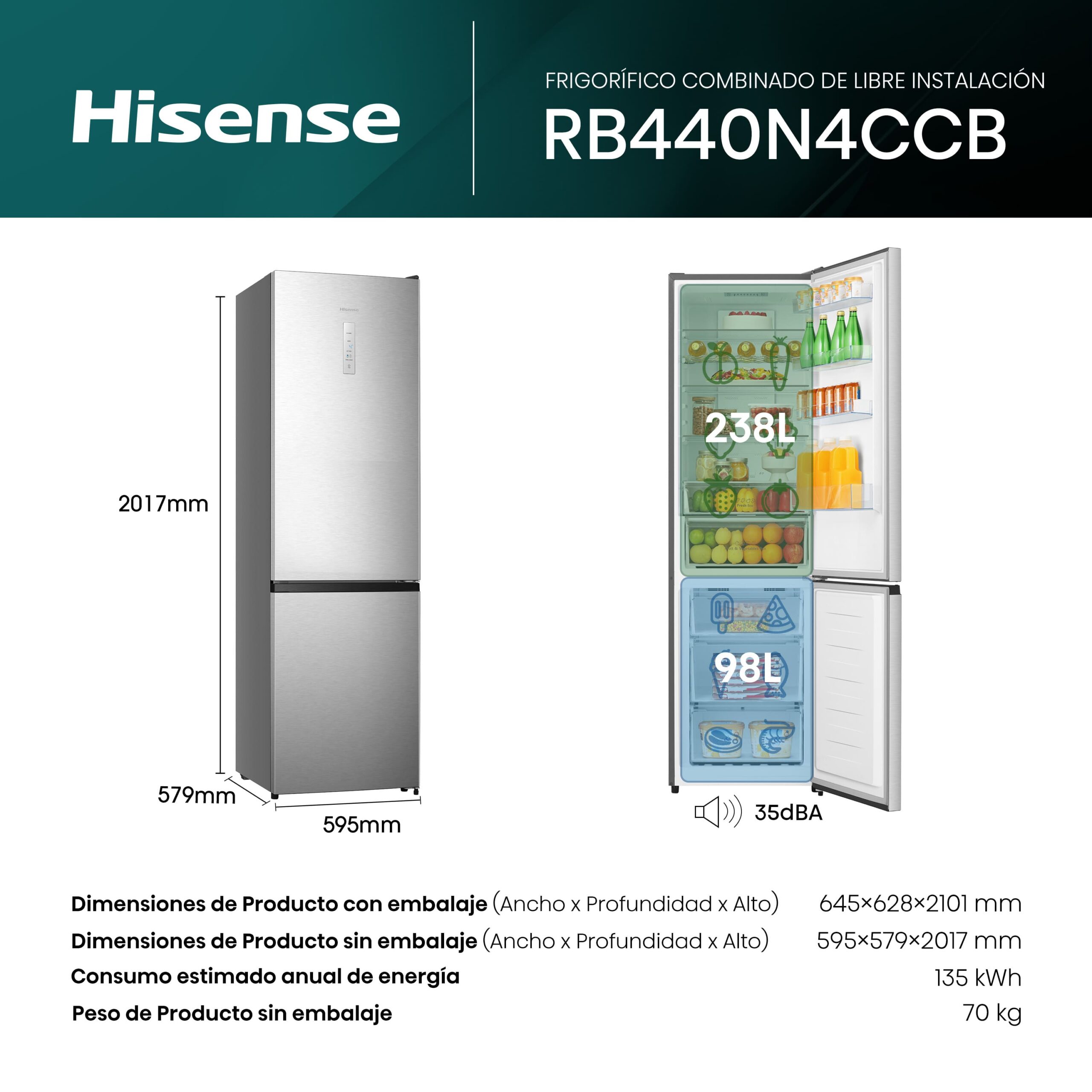 Hisense - RB440N4CCB – Frigorífico Combi 2 Puertas, Clase B , 336L, Inox