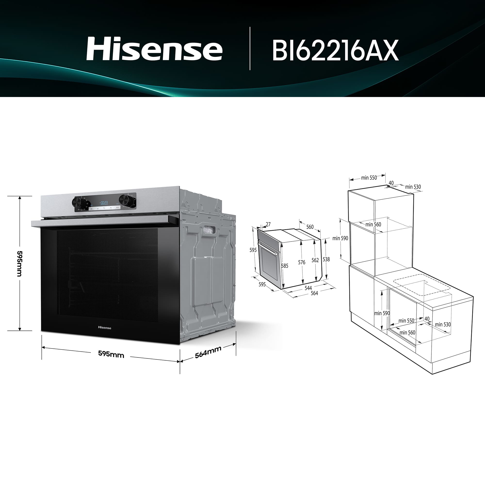 Hisense - BI62216AX – Horno Hidrolítico, Clase A, 77L, Gris Inox