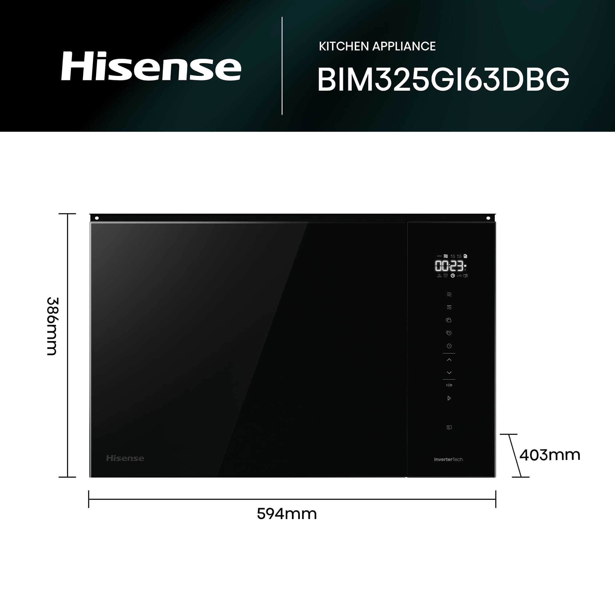 Hisense - BIM325GI63DBG – Microondas de Integración, Capacidad 25L, Color Cristal Negro