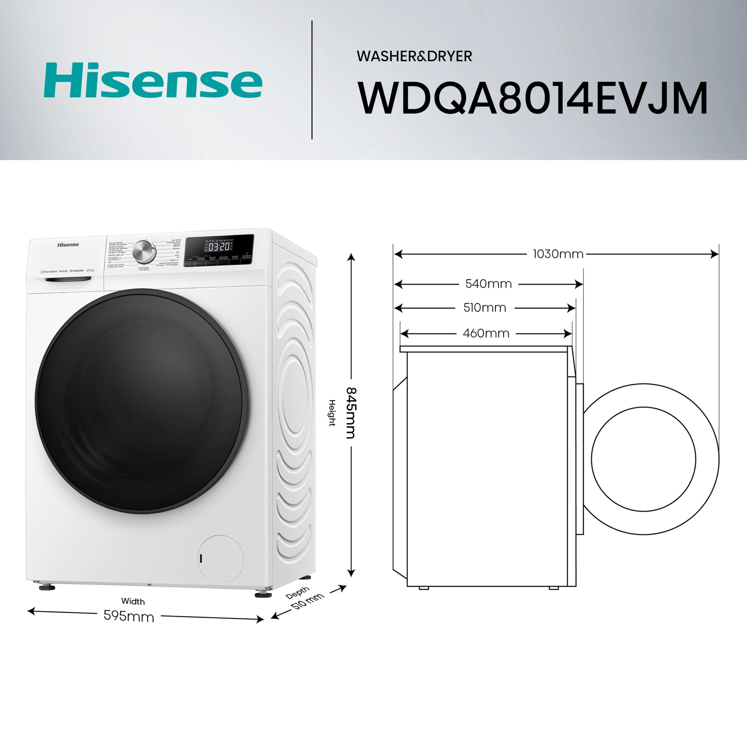 Hisense - WDQA8014EVJM – Lavasecadora, Clase A, 8 kg/5 kg, 1400 rpm, Blanco