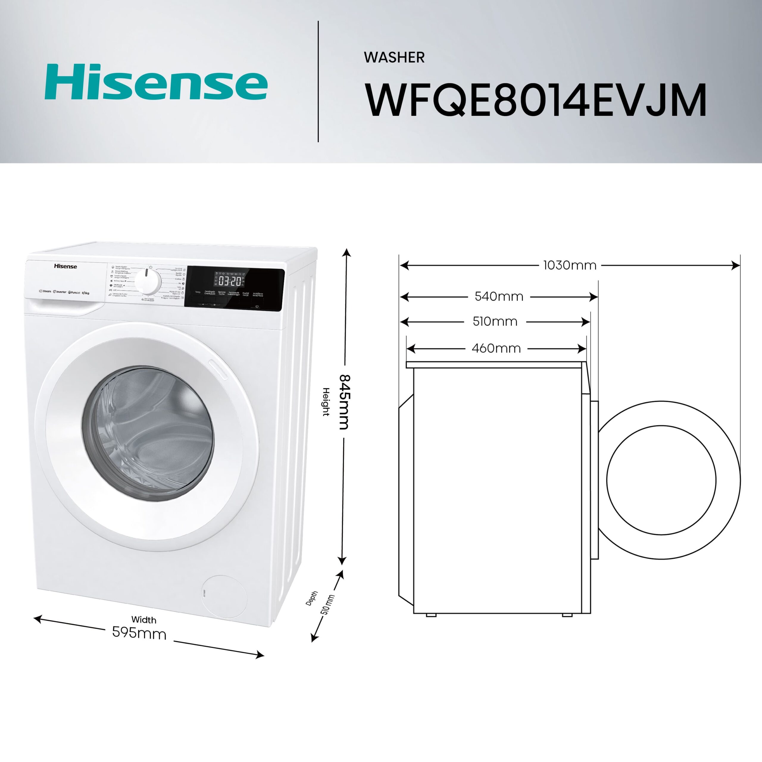 Hisense - WFQE8014EVJM – Lavadora, Clase A, 8 Kg, Blanco