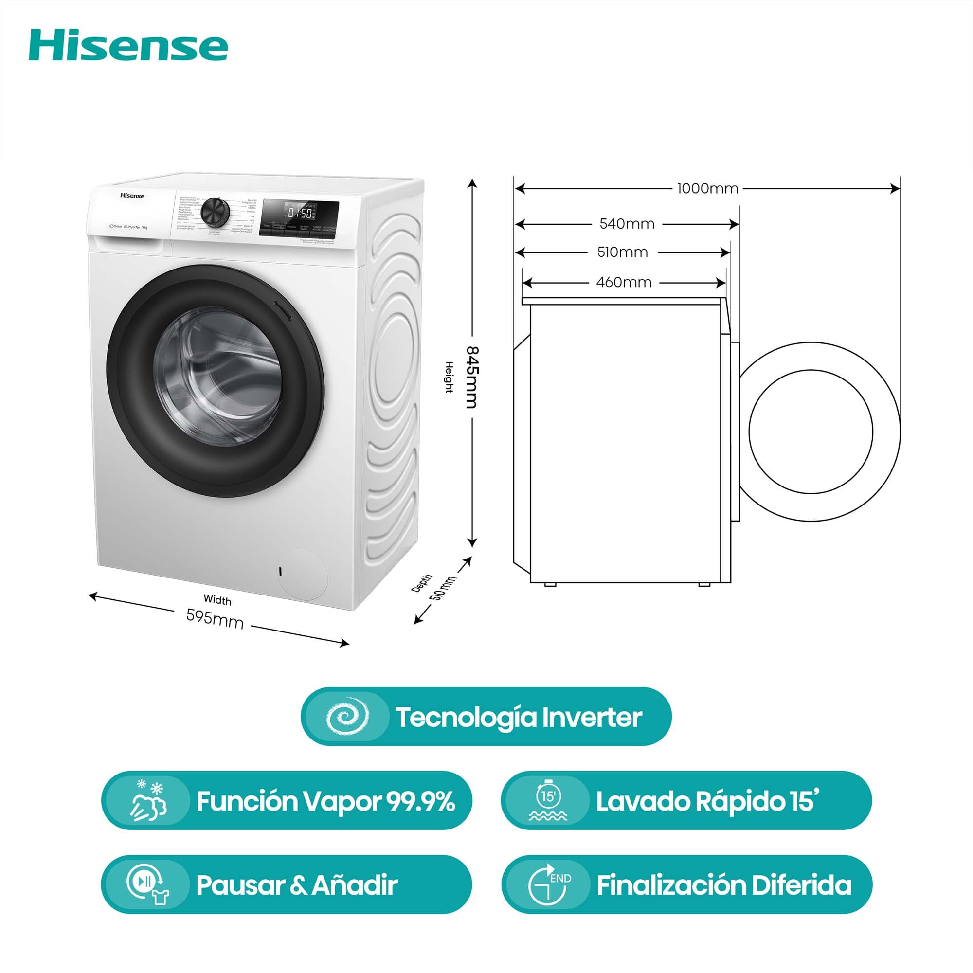 Hisense - WFQP901418VM – Lavadora, Clase B, 9 Kg, 1400 rpm, Blanco