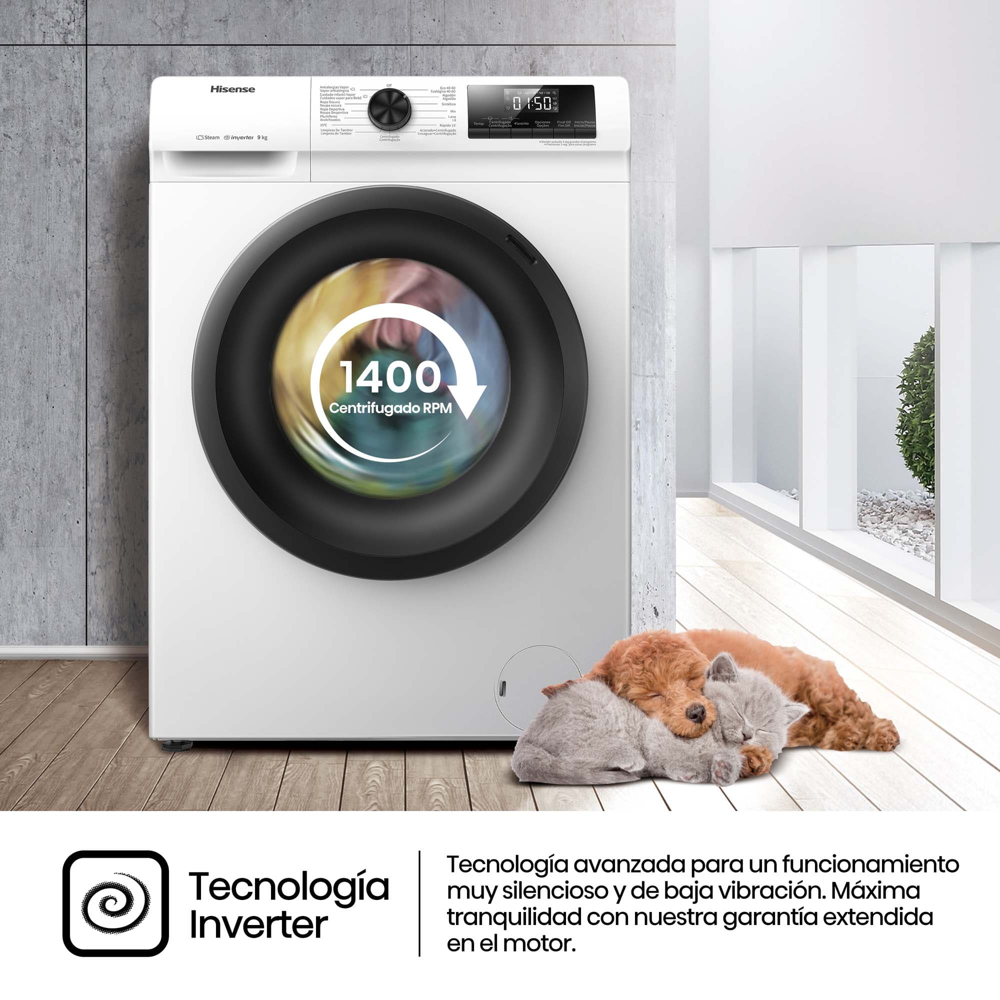 Hisense - WFQP901418VM – Lavadora, Clase B, 9 Kg, 1400 rpm, Blanco