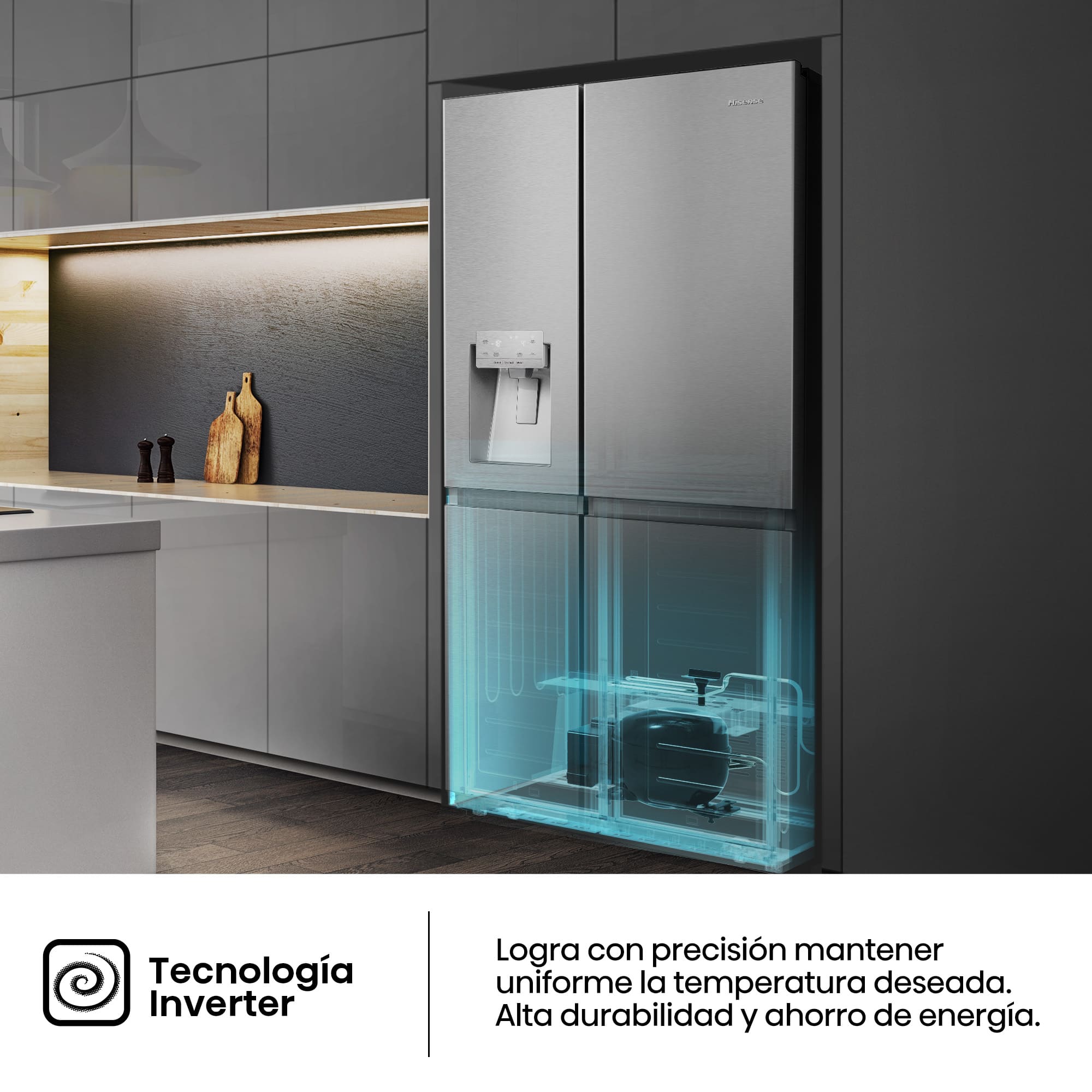 Hisense - RS818N4IIE1 – Frigorífico Americano Side By Side, Clase E , Capacidad 632L, Color Inox