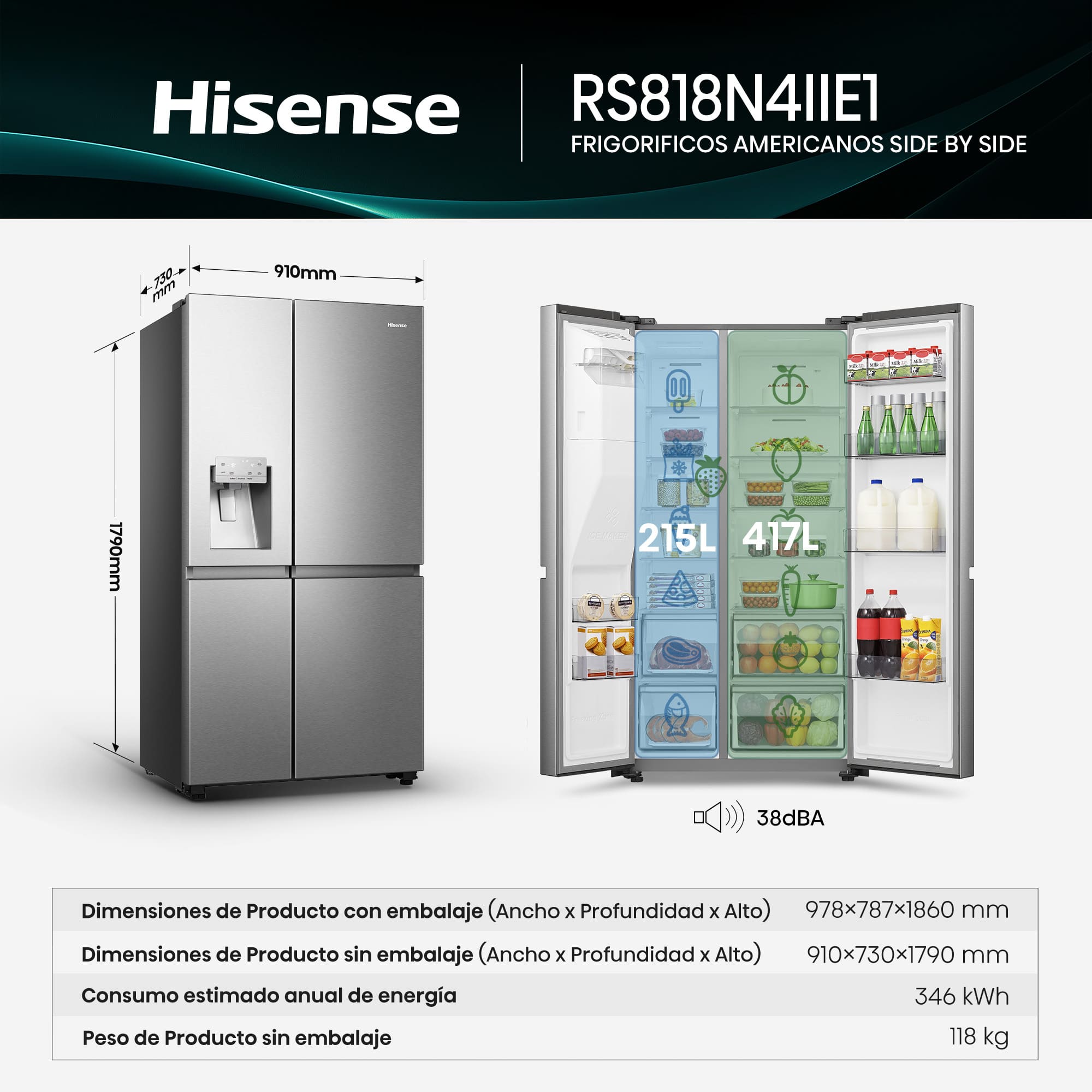 Hisense - RS818N4IIE1 – Frigorífico Americano Side By Side, Clase E , Capacidad 632L, Color Inox