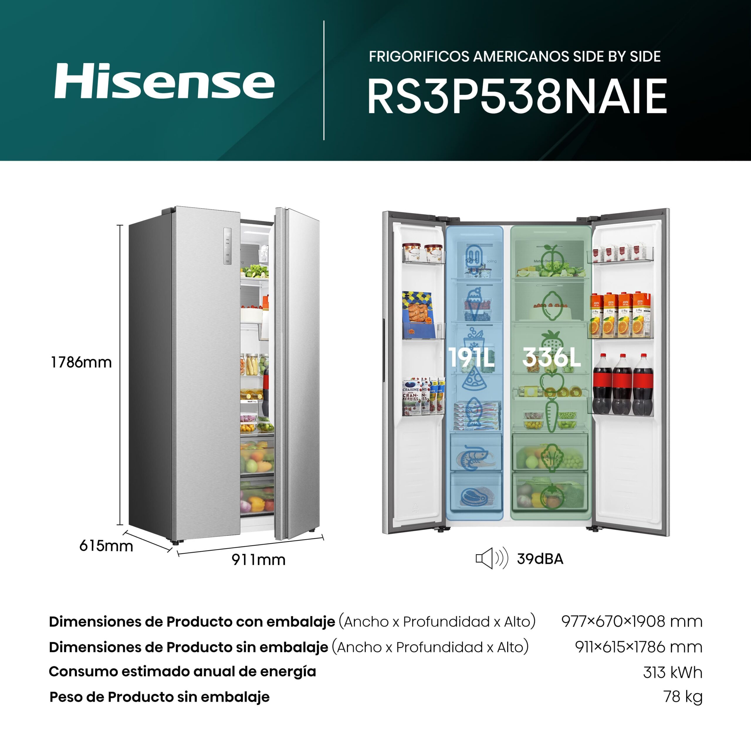 Hisense - RS3P538NAIE – Frigorífico Americano Side By Side, Clase E, Capacidad 534L, Color Inox