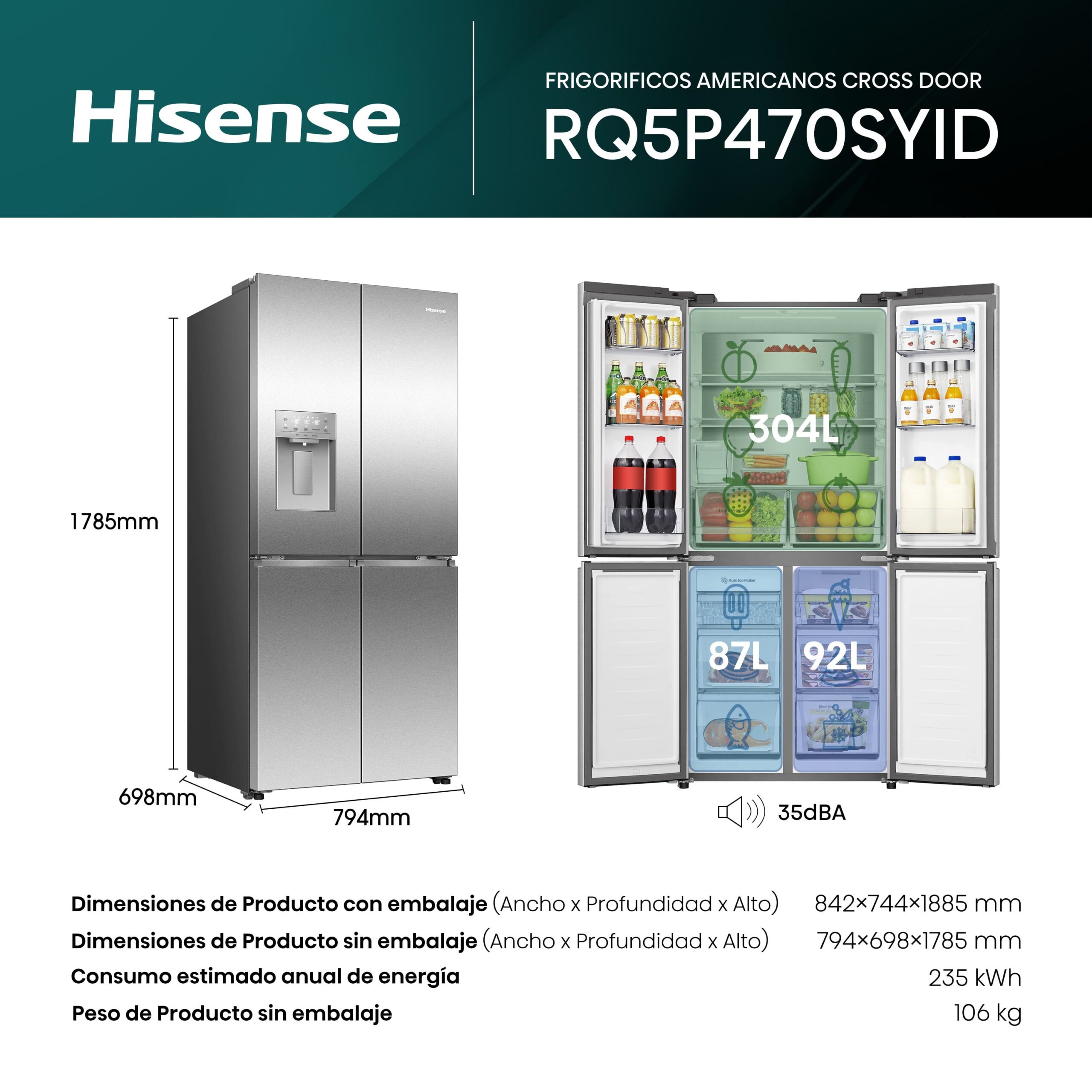 Hisense - RQ5P470SYID – Frigorífico Americano 4 Puertas, Clase D, Capacidad 483L, Color Inox