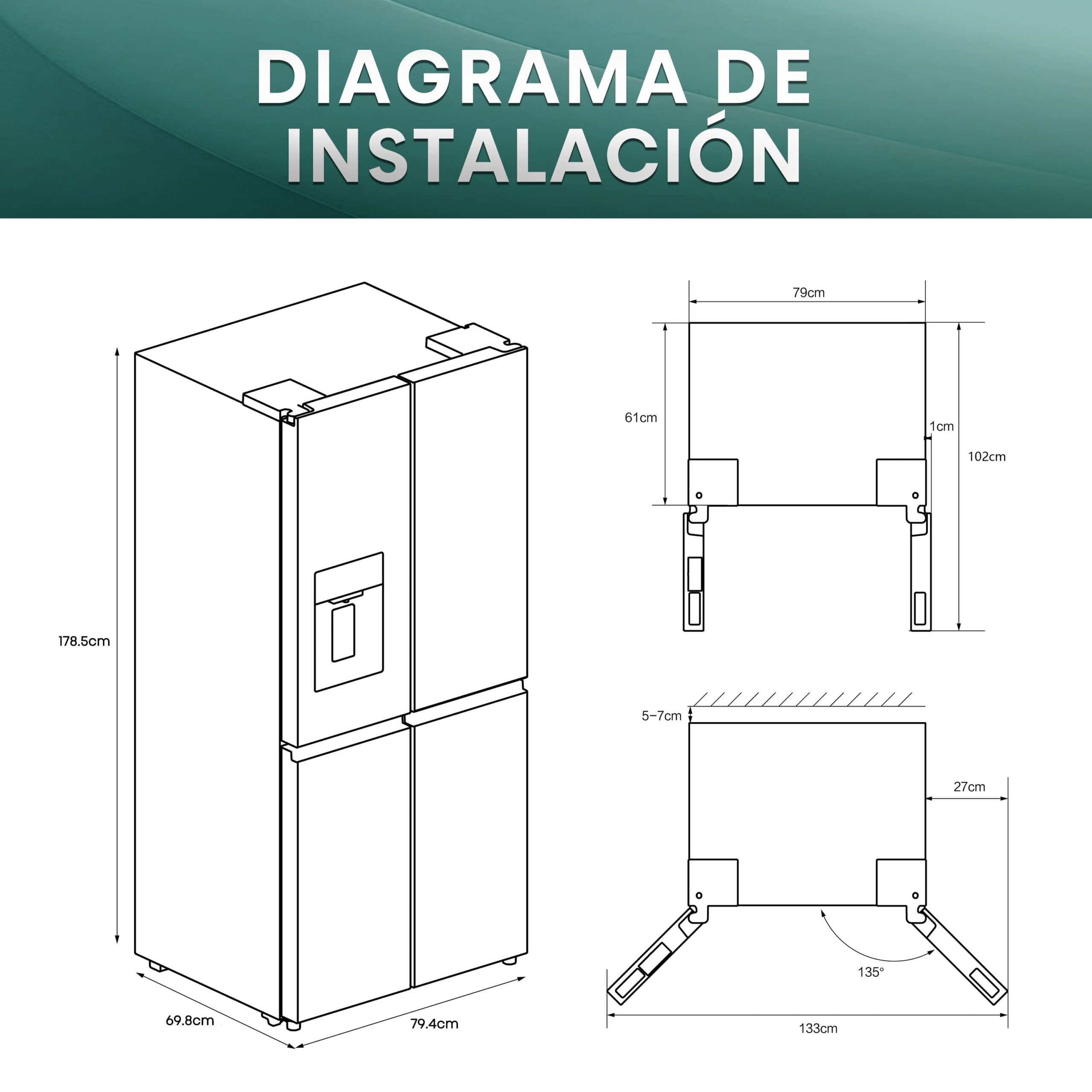 Hisense - RQ5P470SYID – Frigorífico Americano 4 Puertas, Clase D, Capacidad 483L, Color Inox