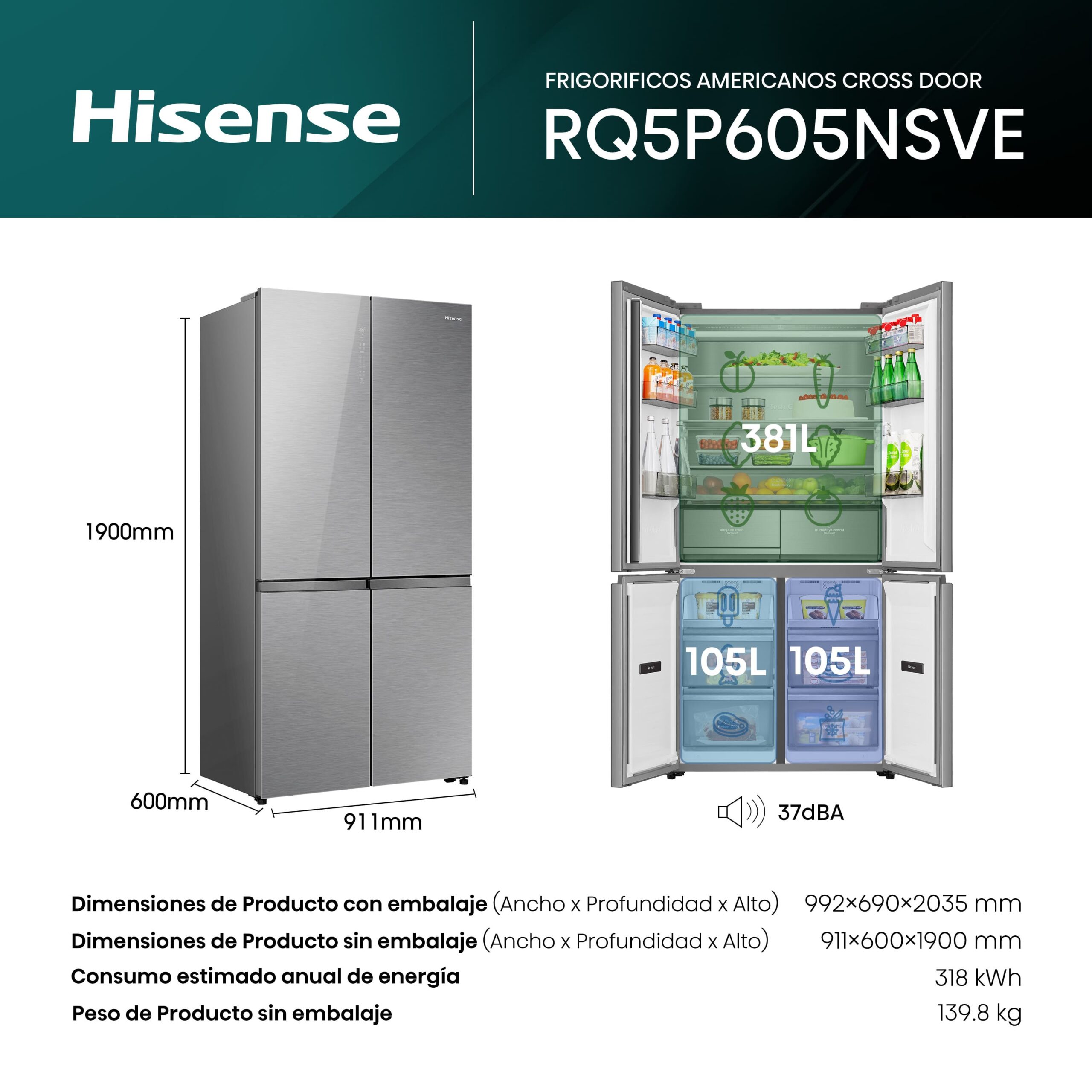 Hisense - RQ5P605NSVE – Frigorífico Americano 4 Puertas, Clase E, Capacidad 591L, Color Inox