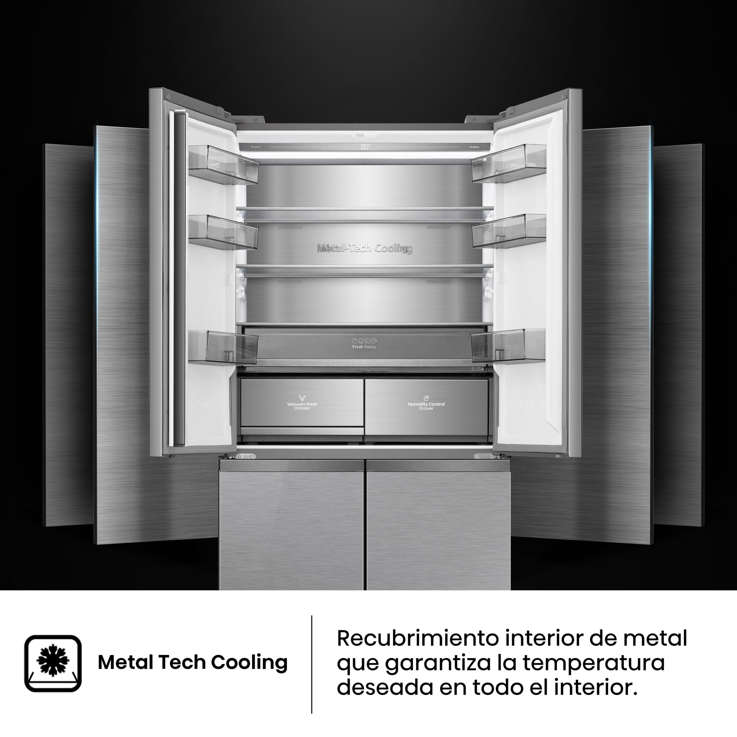 Hisense - RQ5P605NSVE – Frigorífico Americano 4 Puertas, Clase E, Capacidad 591L, Color Inox