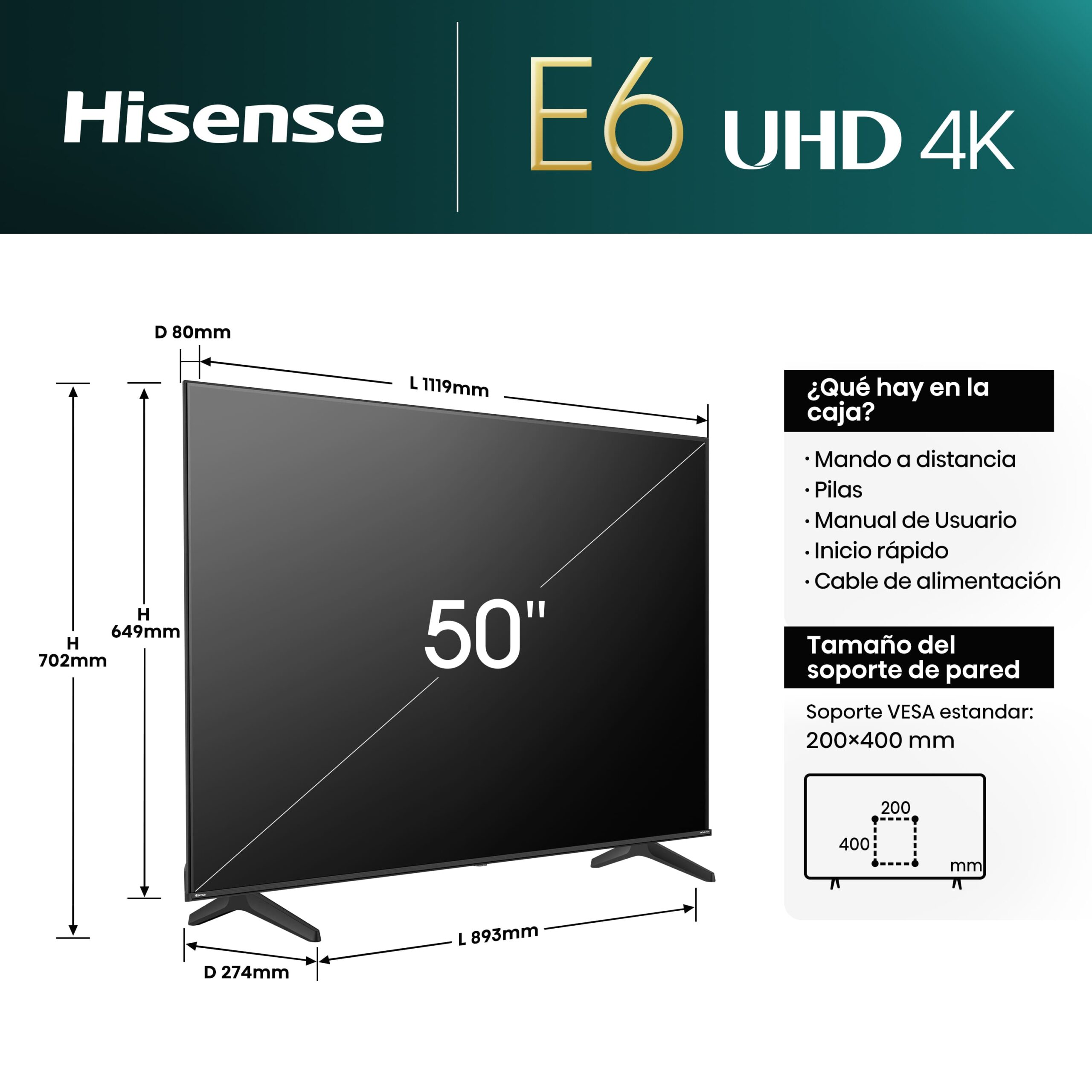 Hisense - 4K TV 50E6NT, VIDAA Smart TV