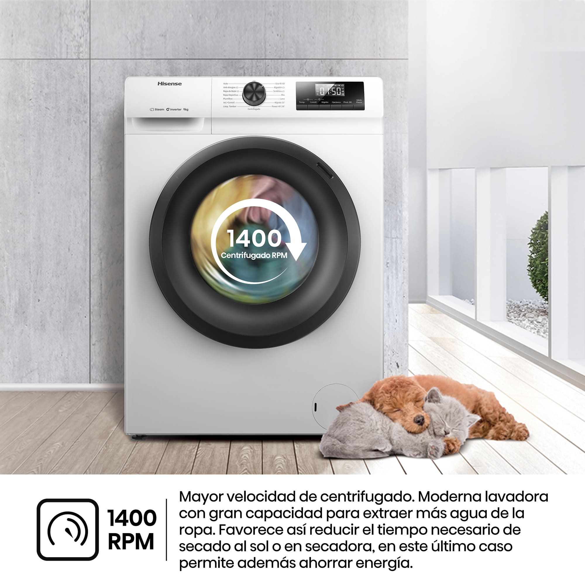 Hisense - WF1Q9041BW – Lavadora, Clase A, Capacidad 9 Kg , 1400 rpm, Color Blanco