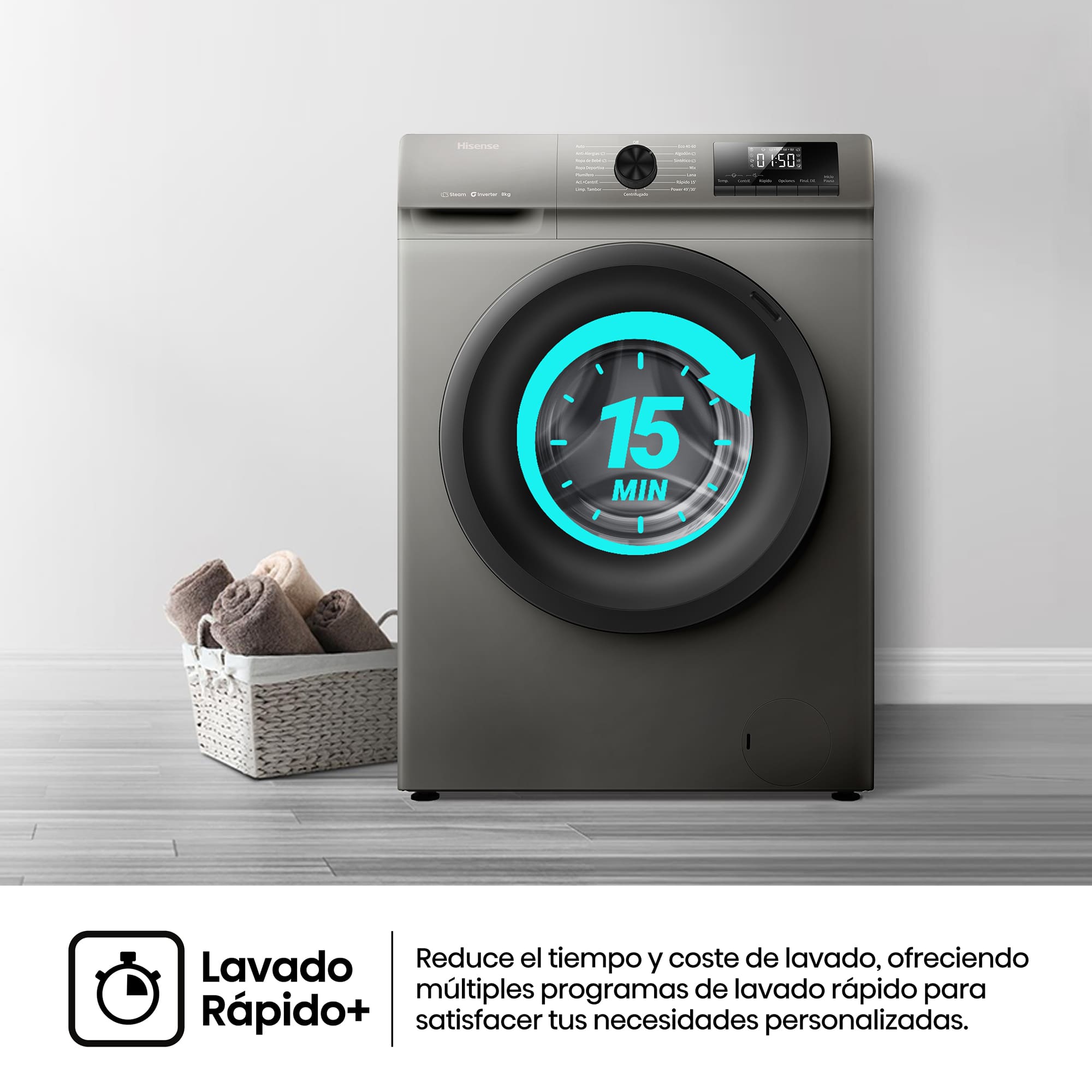 Hisense - WF1Q8041BT – Lavadora De Libre Instalación, Clase A, Capacidad 8 Kg , 1400 rpm, Color Gris