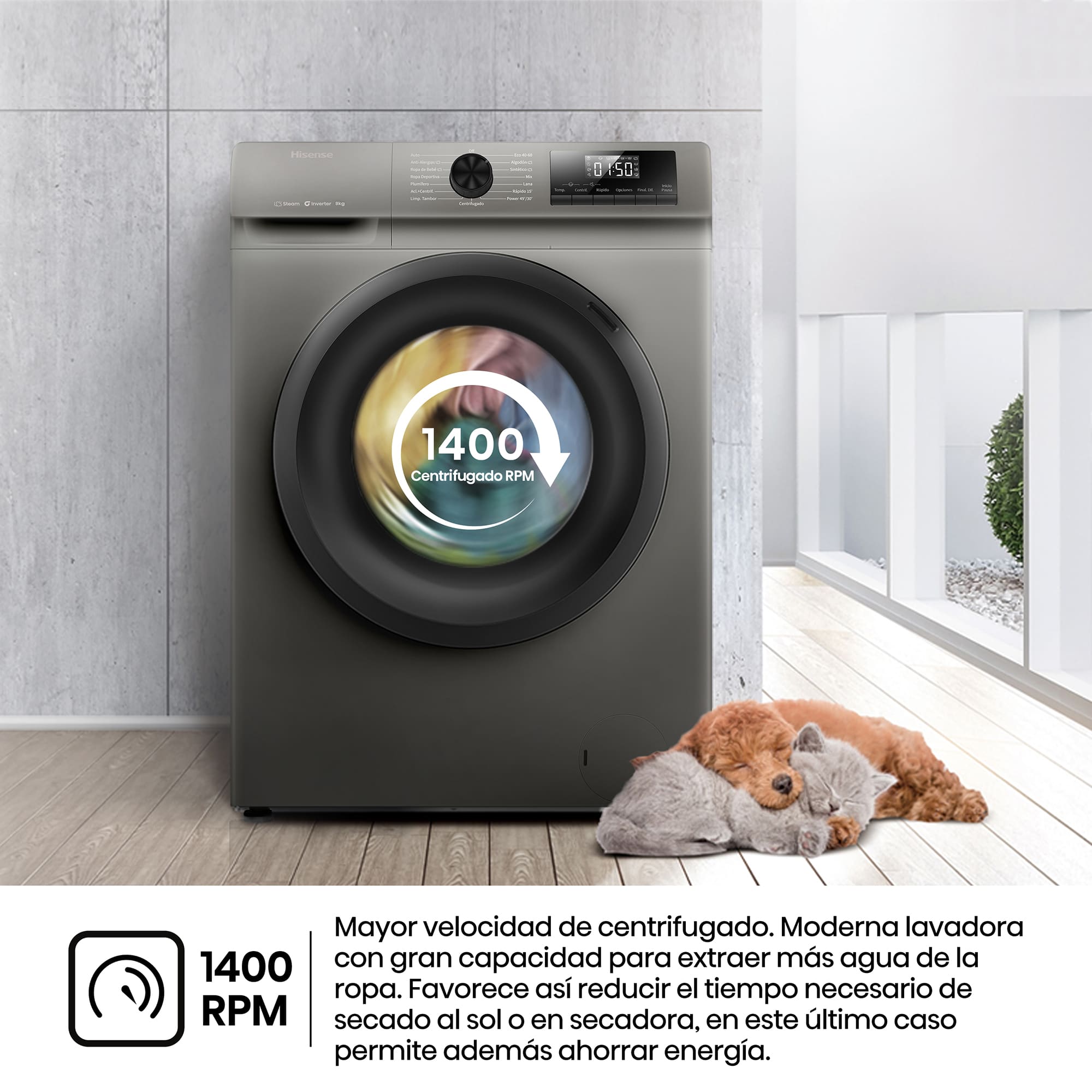 Hisense - WF1Q8041BT – Lavadora De Libre Instalación, Clase A, Capacidad 8 Kg , 1400 rpm, Color Gris