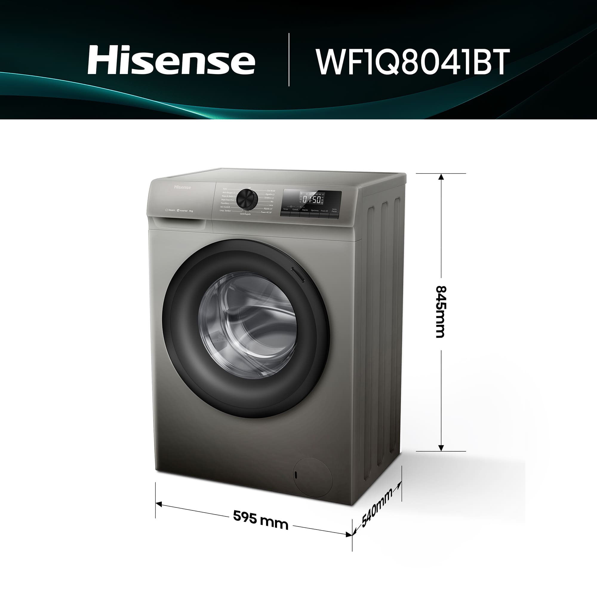 Hisense - WF1Q8041BT – Lavadora De Libre Instalación, Clase A, Capacidad 8 Kg , 1400 rpm, Color Gris